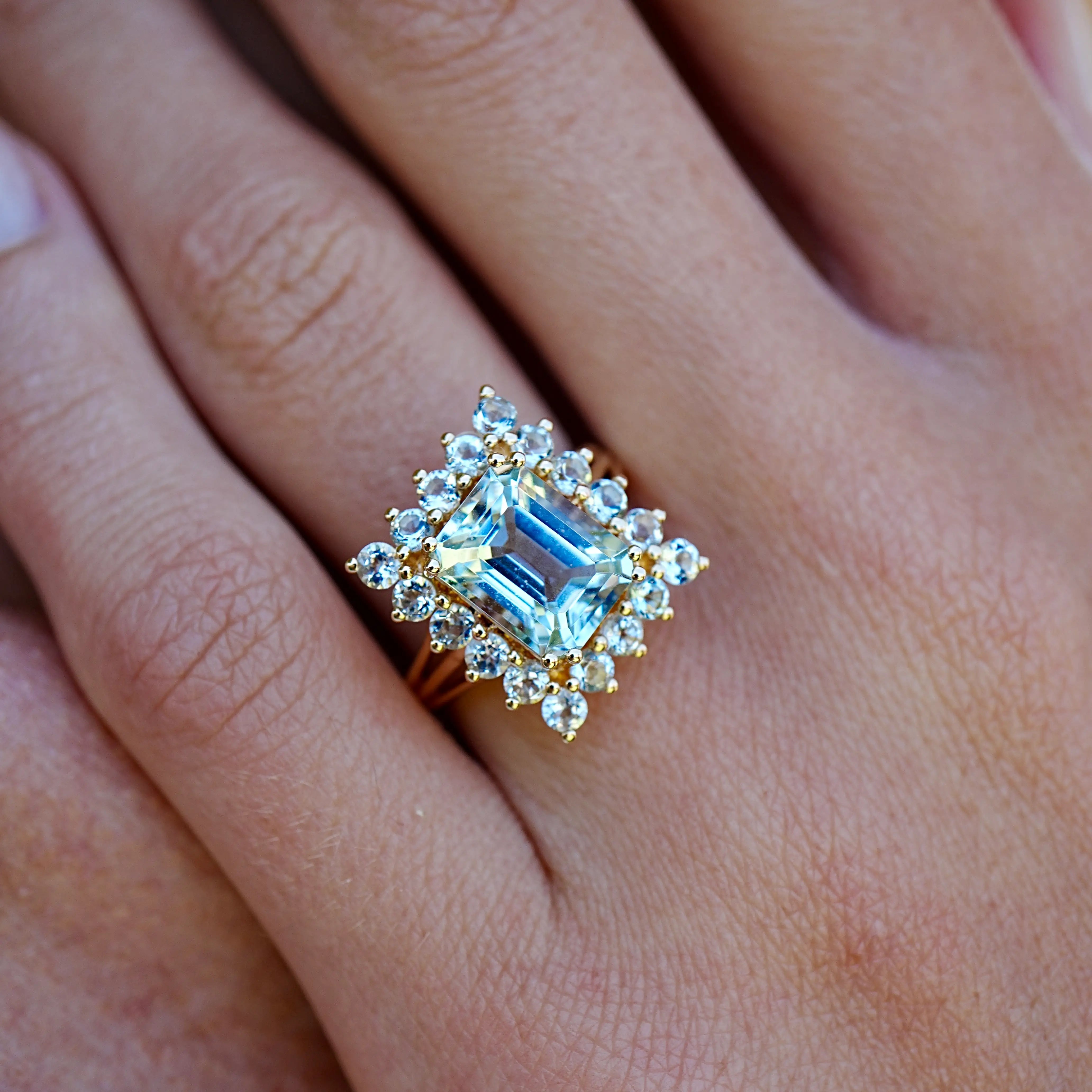 14k yellow gold natural sky blue aquamarine cocktail ring