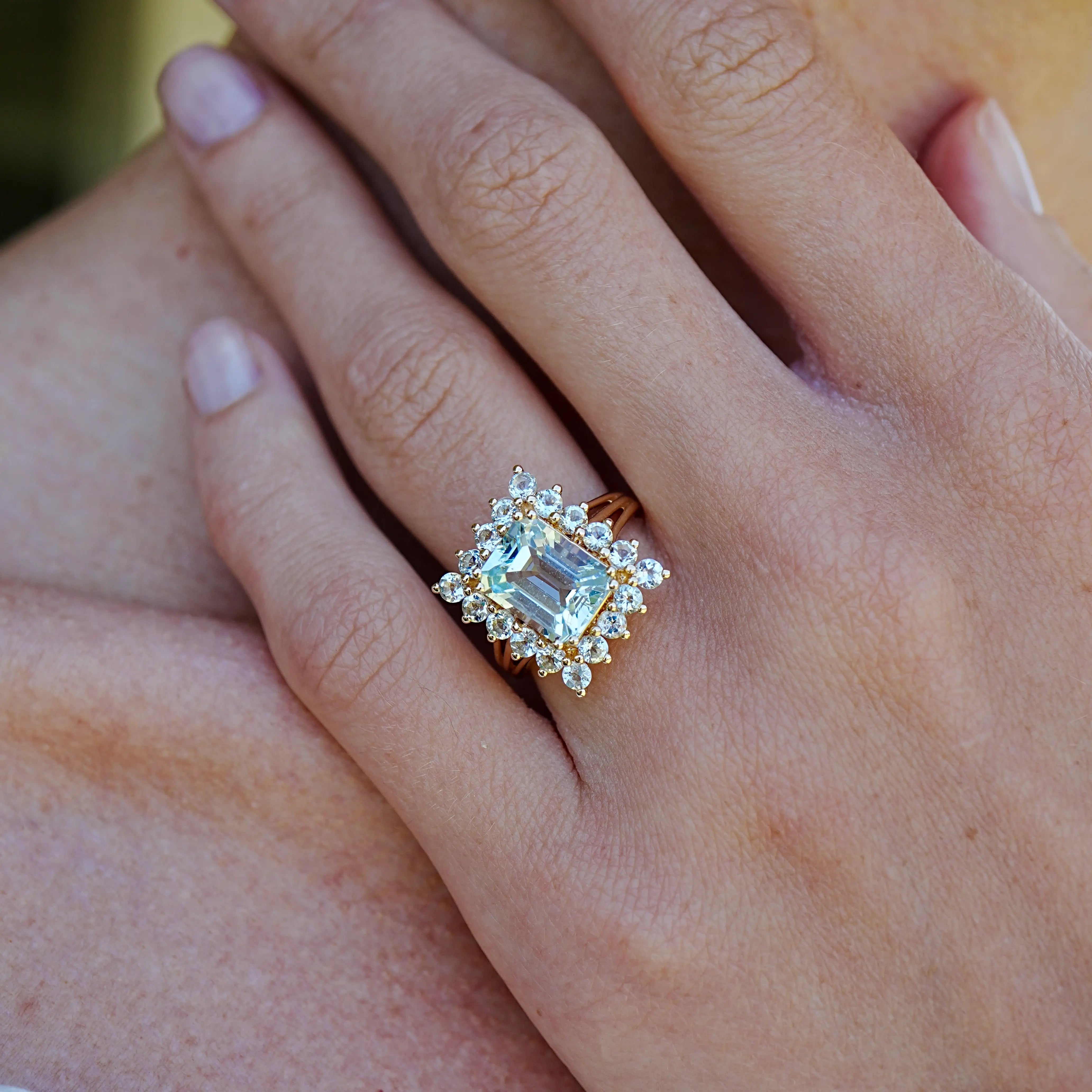 14k yellow gold natural sky blue aquamarine cocktail ring