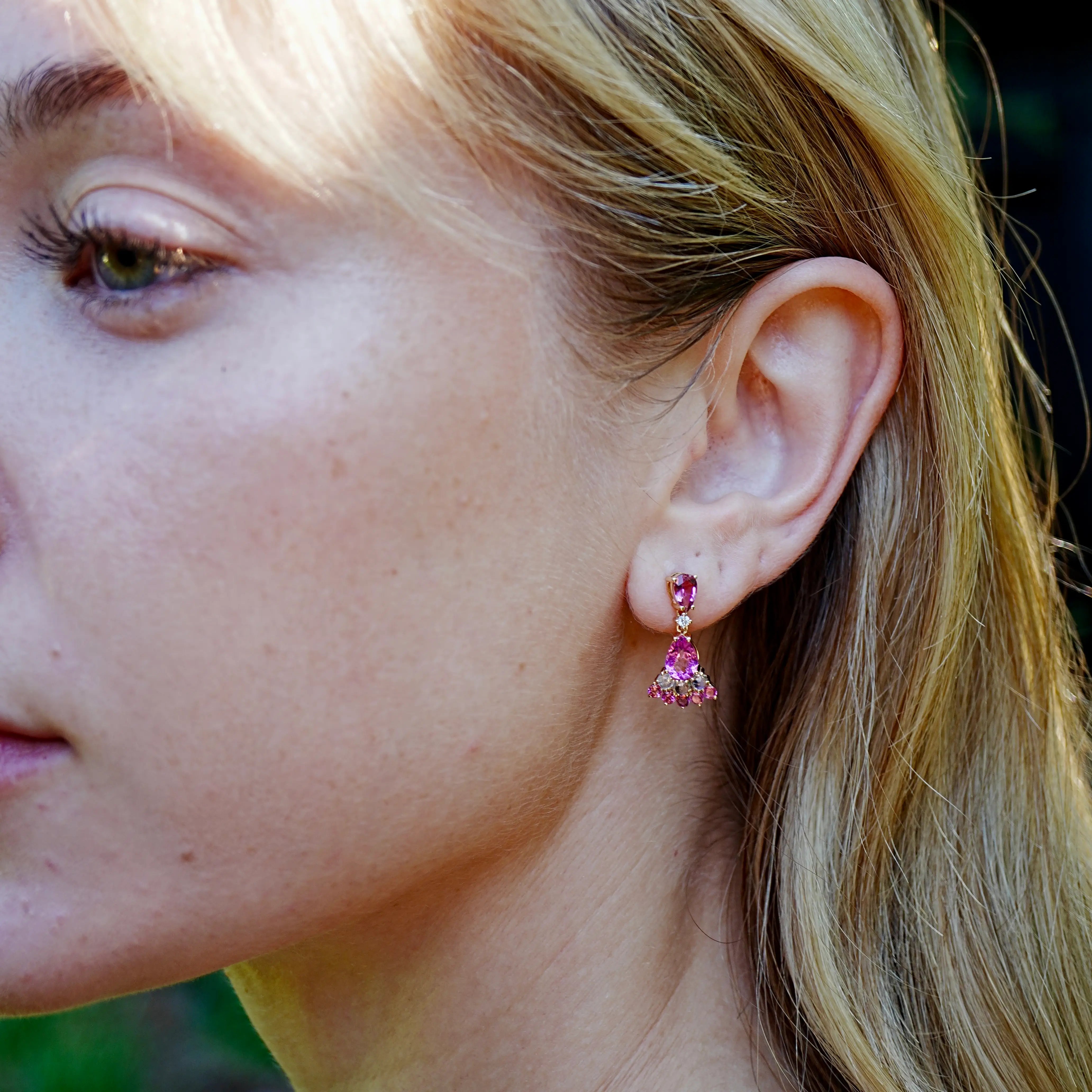 Natural Pink Tourmaline Moonstone Diamond Drop Earrings 14k yellow gold