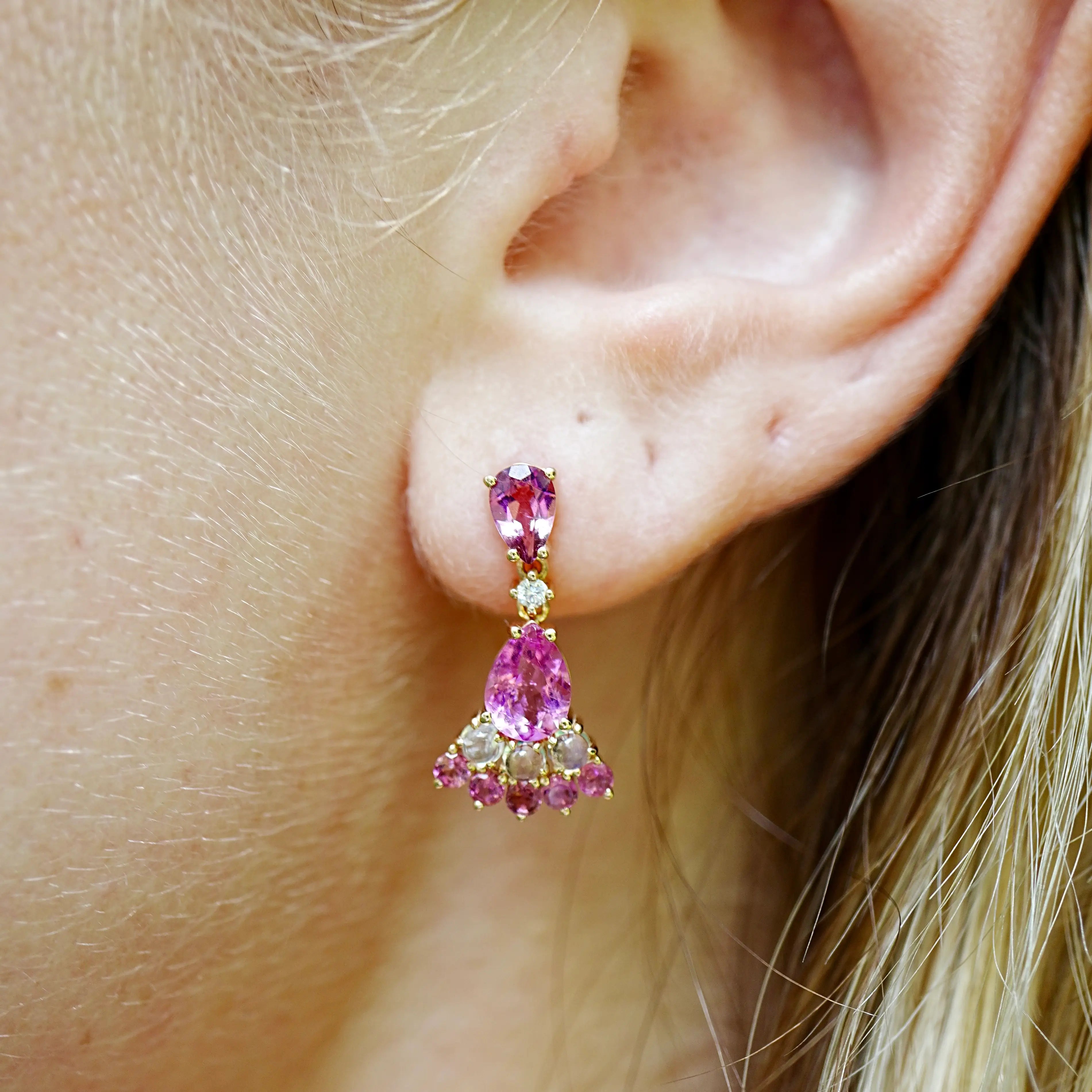 Natural Pink Tourmaline Moonstone Diamond Drop Earrings 14k yellow gold