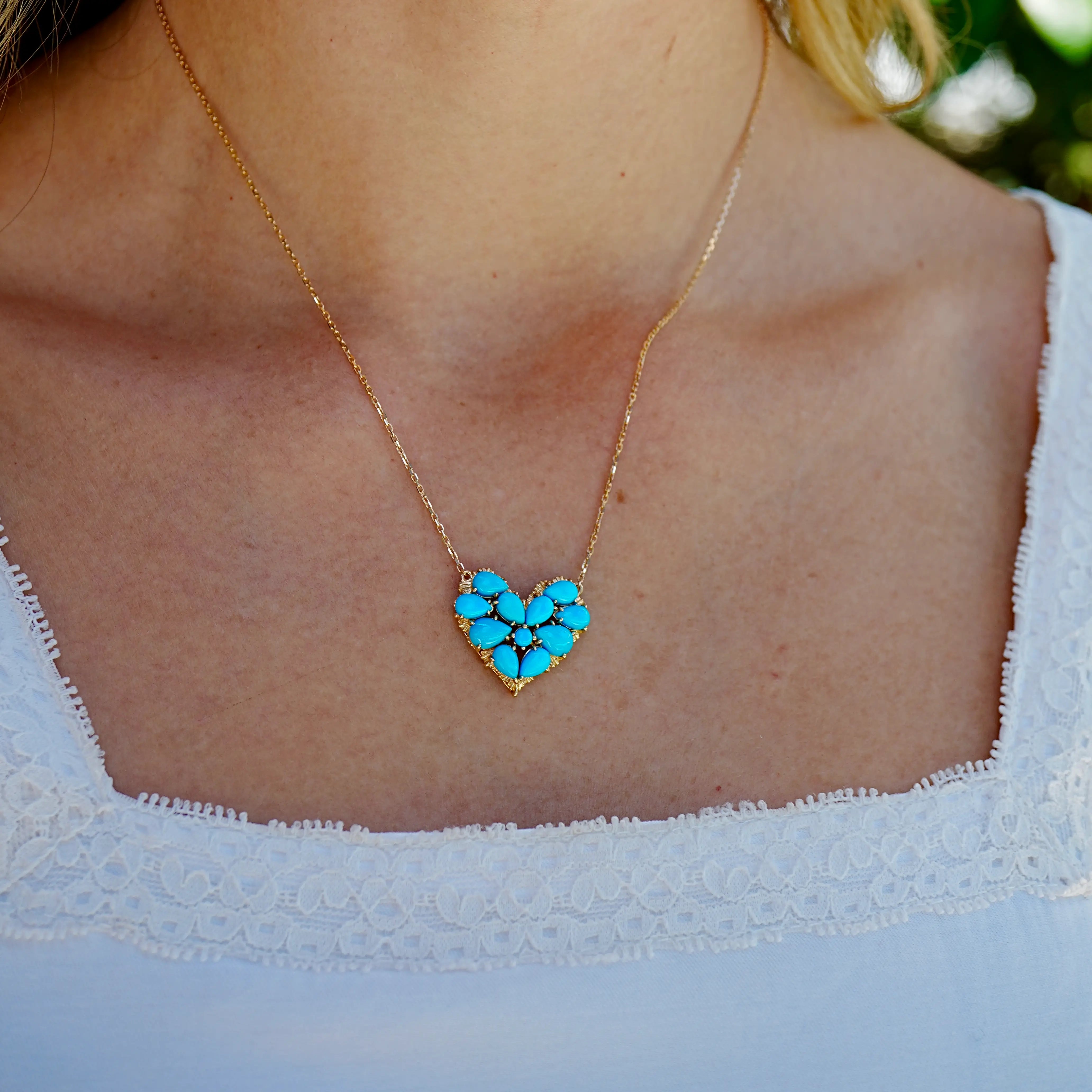 Fantasy Natural Turquoise Heart Pendant Necklace 14k yellow gold