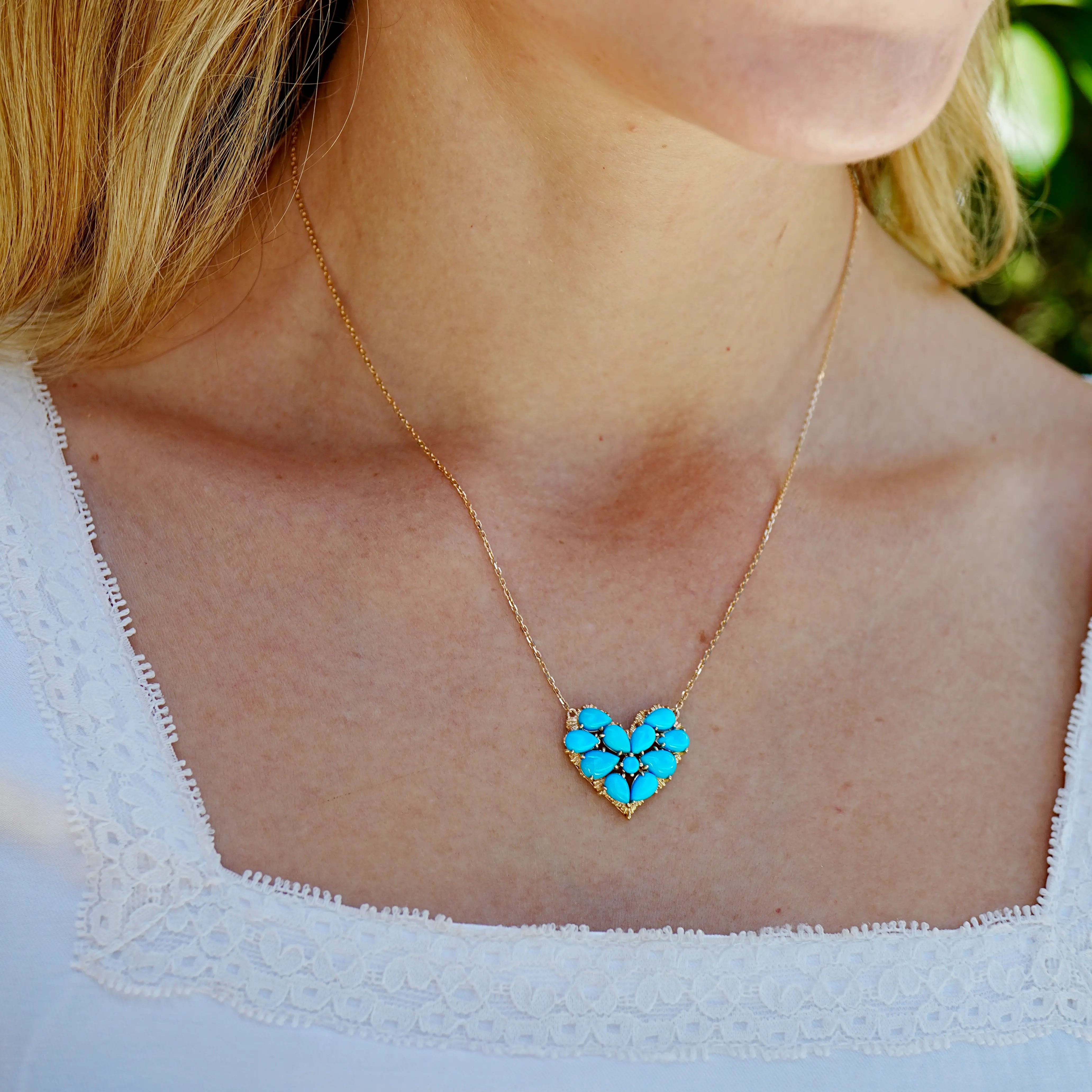 Fantasy Natural Turquoise Heart Pendant Necklace 14k yellow gold