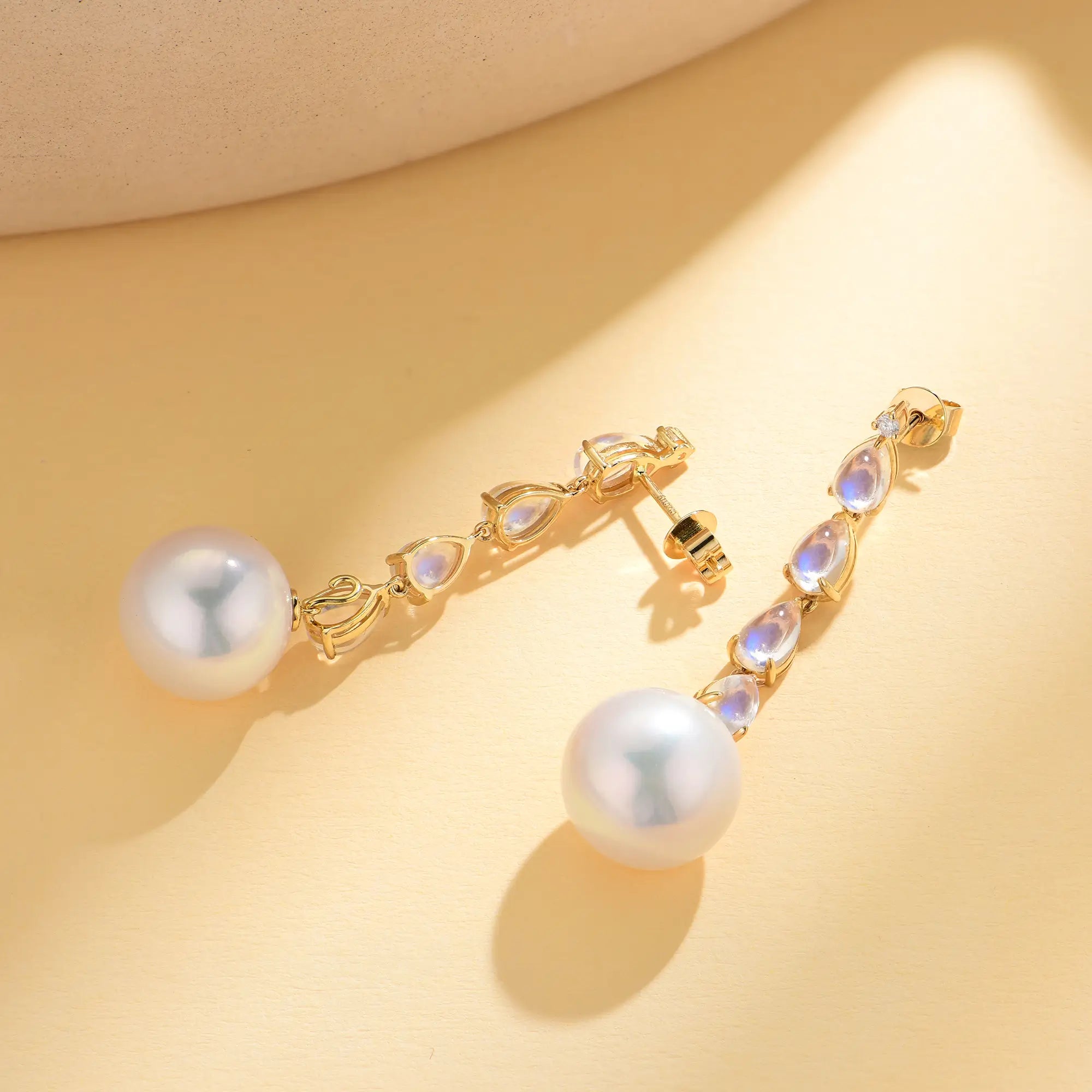 natural Moonstone Diamond and Pearl Drop Earrings 18k yellow gold