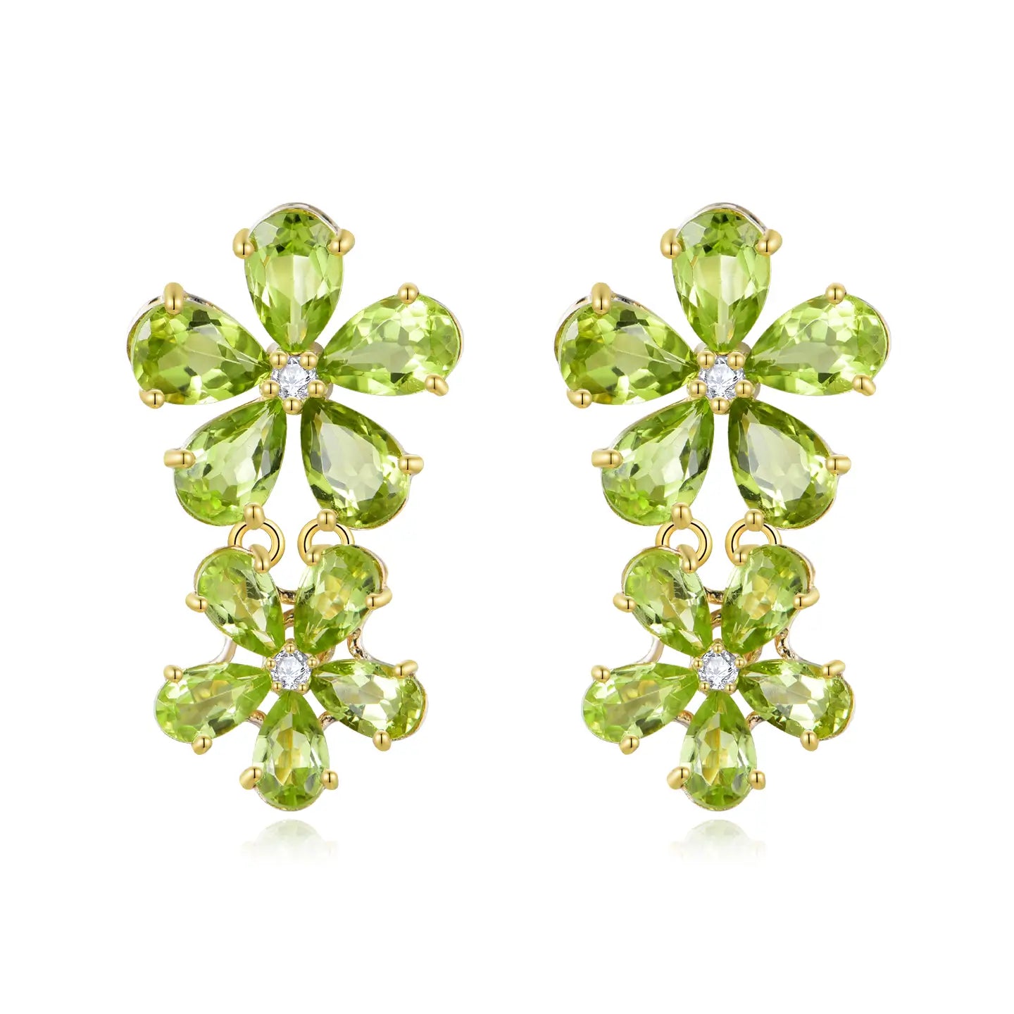 Peridot Diamond Double Blossom Drop Earrings 14k yellow gold