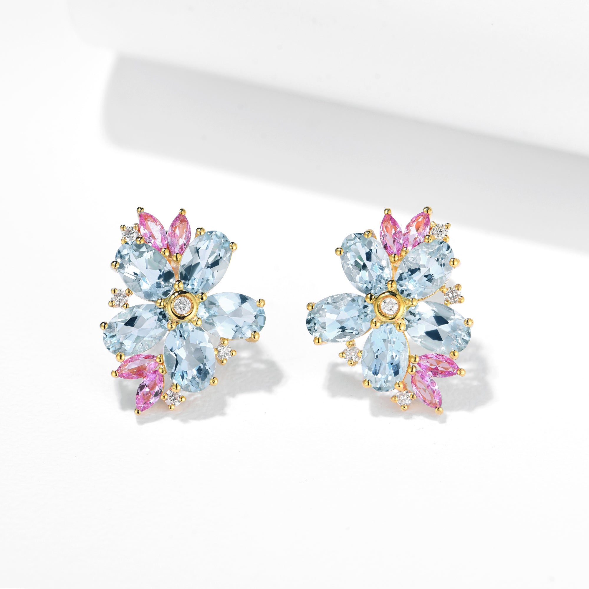 Aquamarine Pink Sapphire Diamond Blossom Earrings 14k yellow gold