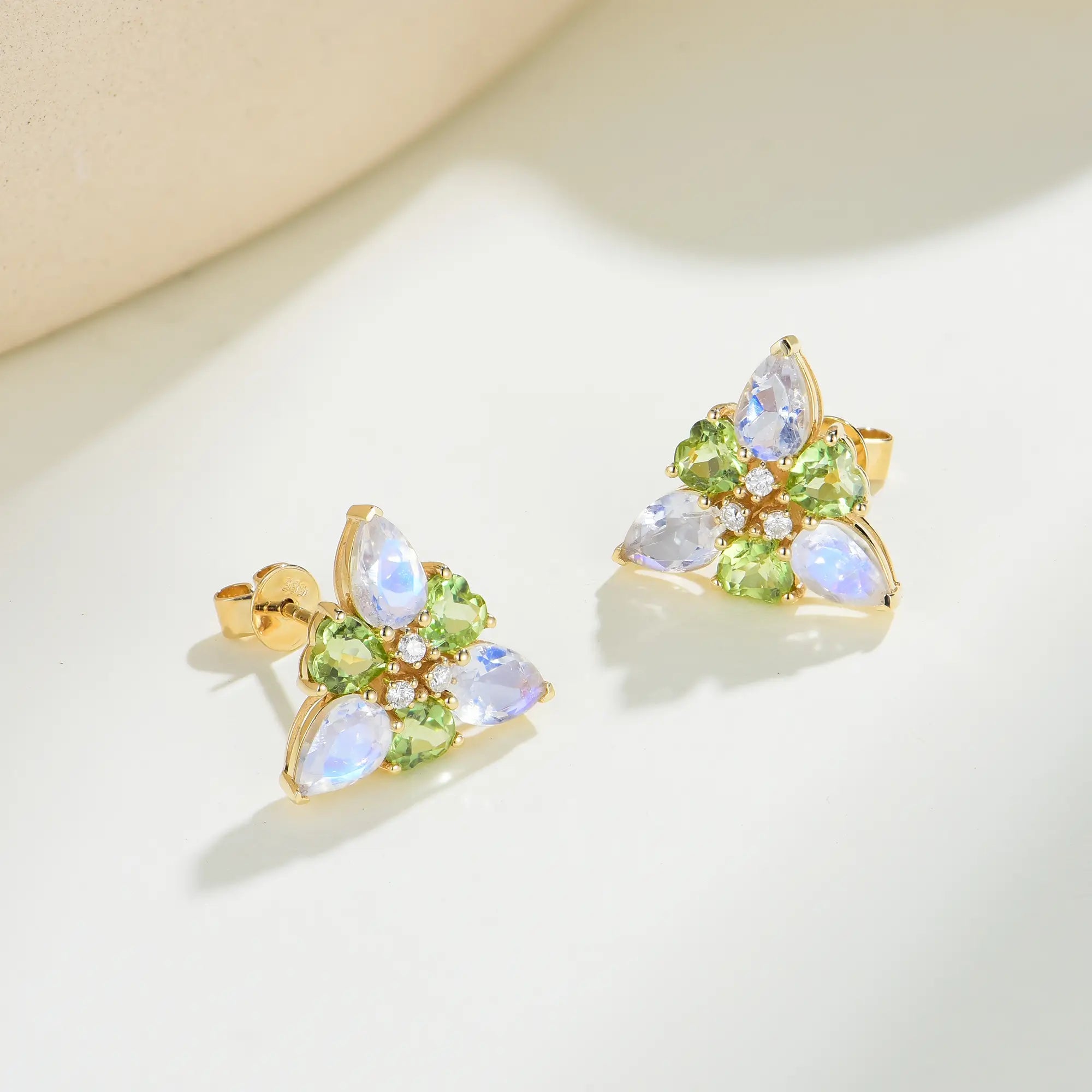 Moonstone Peridot Diamond Snowdrop Flower Earrings Birth Flower in 14k Yellow Gold