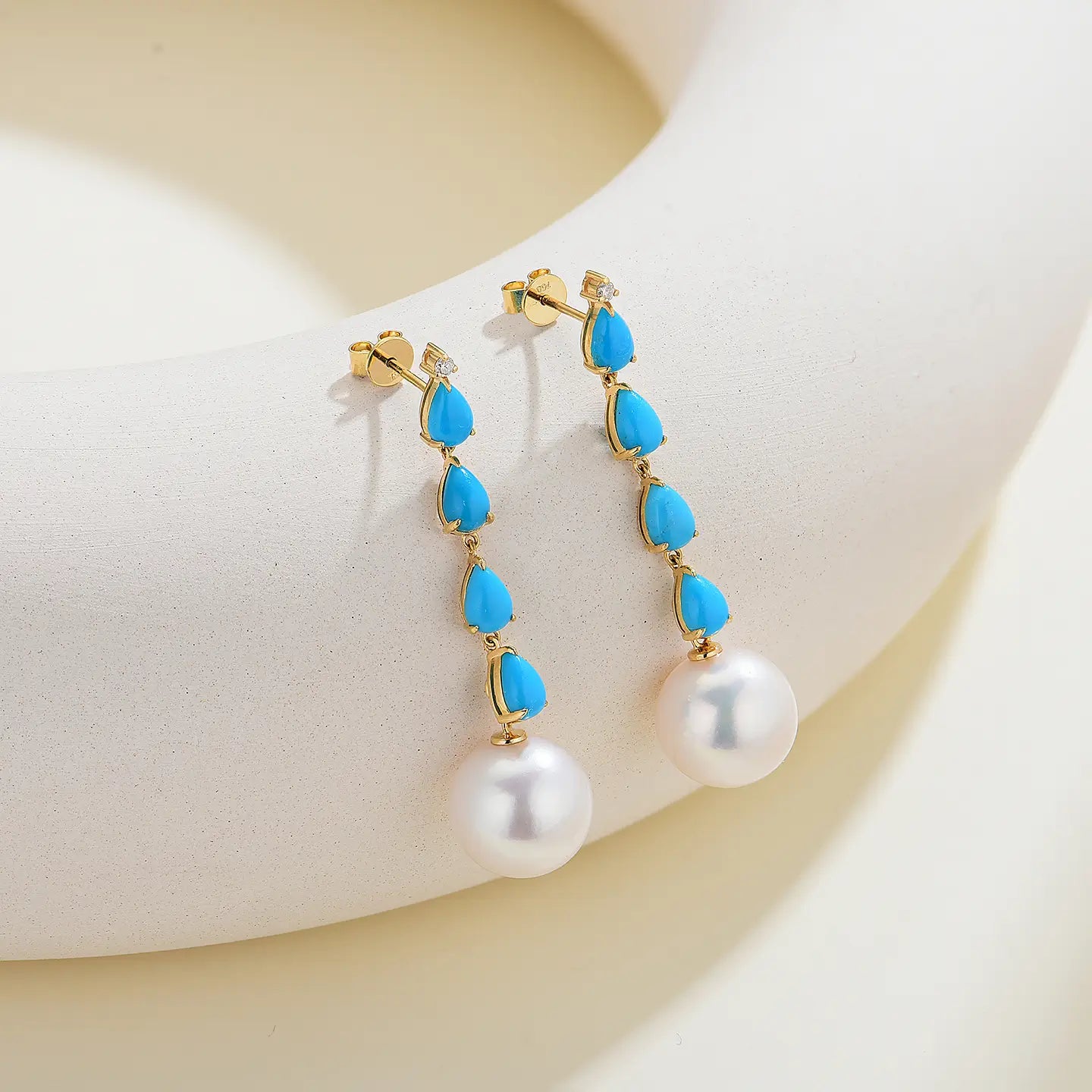 Rythm Turquoise Diamond and Pearl Drop Earrings 18k yellow gold