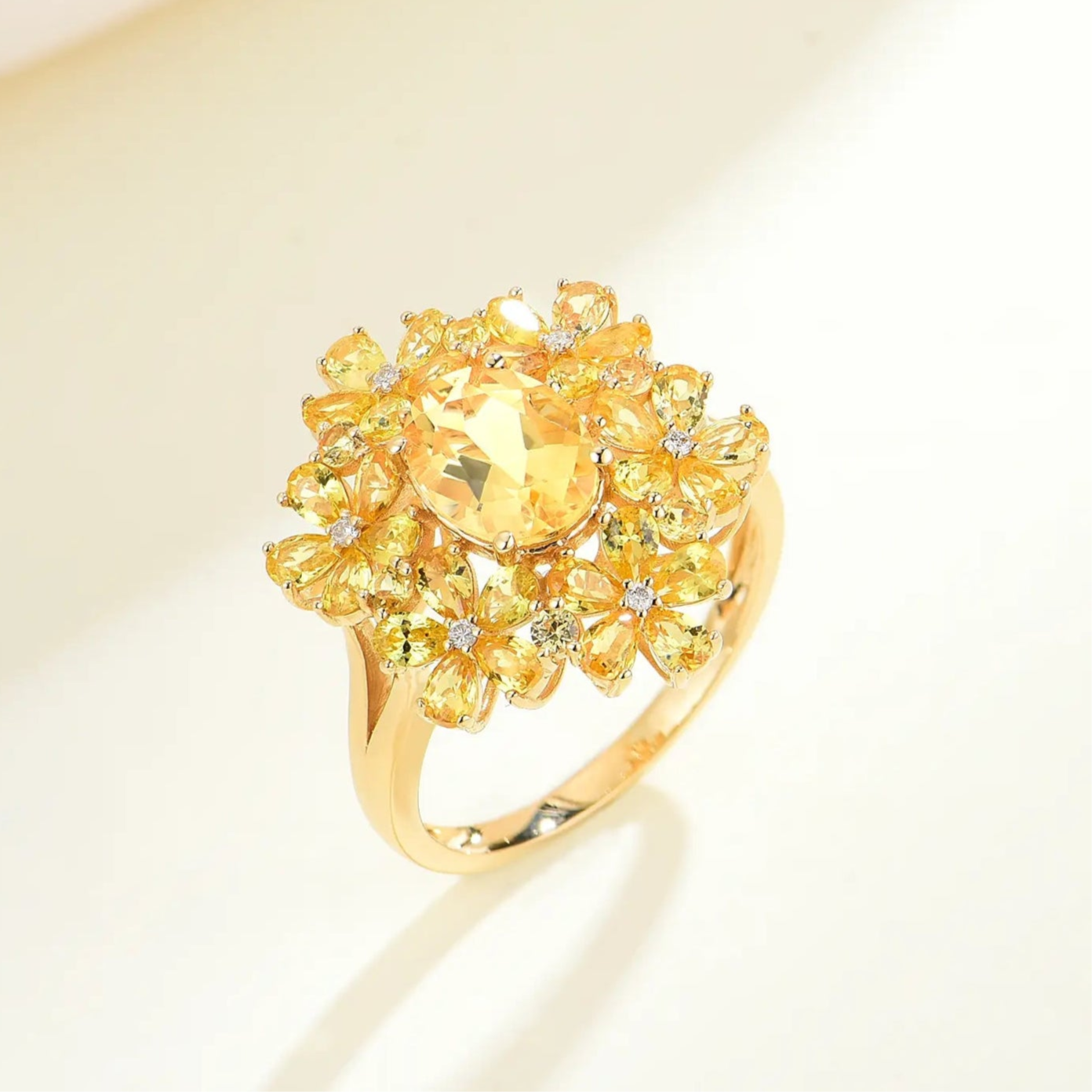 Natural Yellow Sapphire Citrine Diamond Blossom Cocktail Ring 14k yellow gold