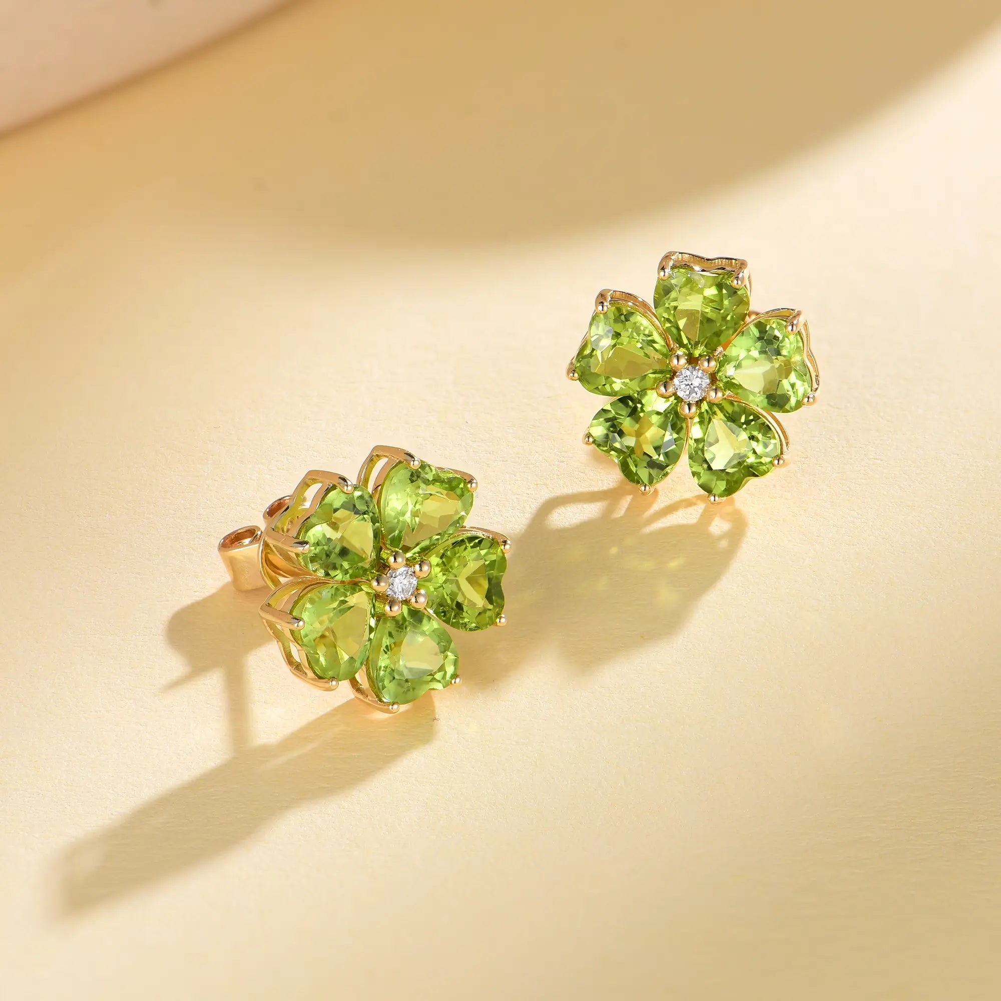 Natural Peridot Diamond Cherry Blossom Earrings 14k yellow gold