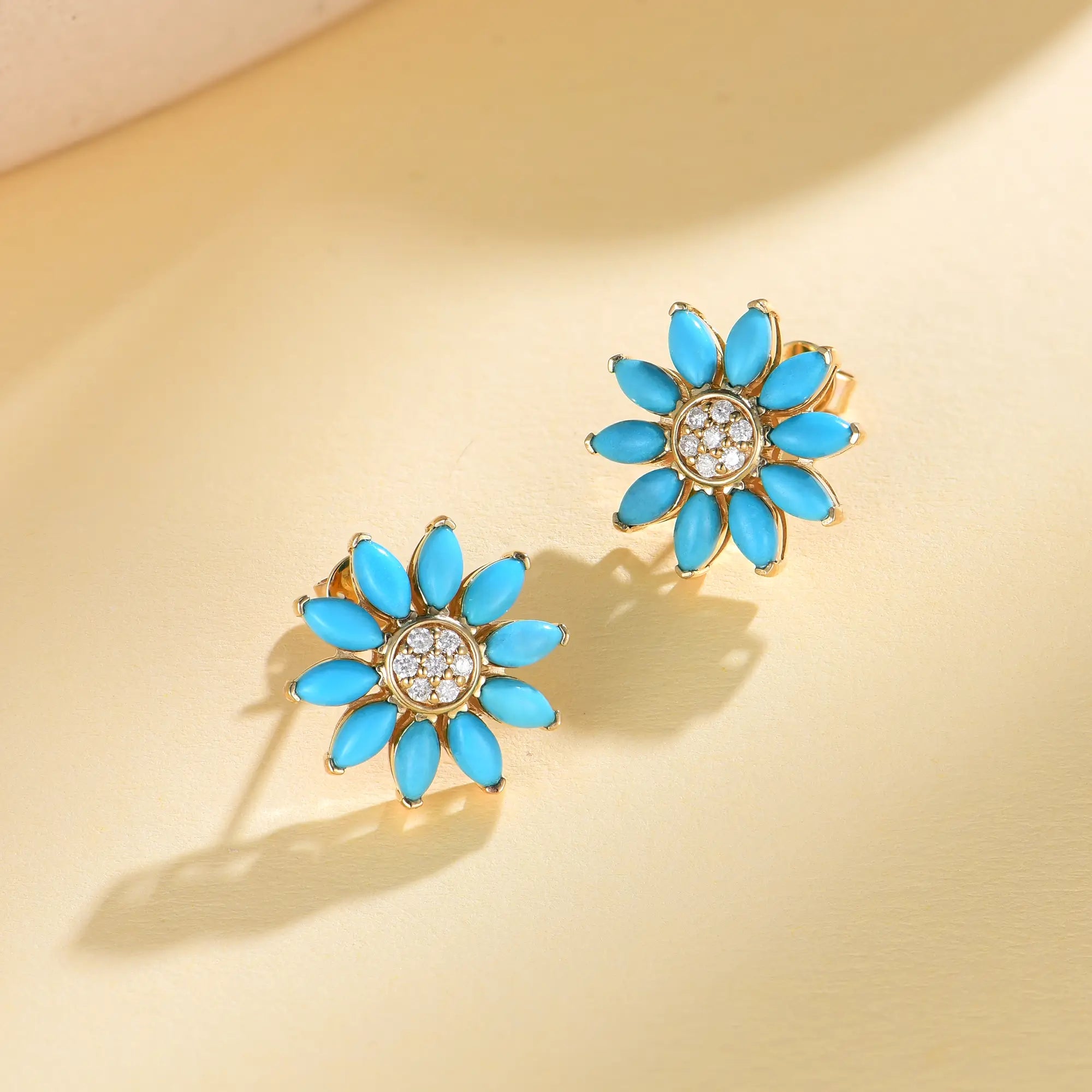 Sunflower Natural Turquoise Diamond Earrings 14k yellow gold