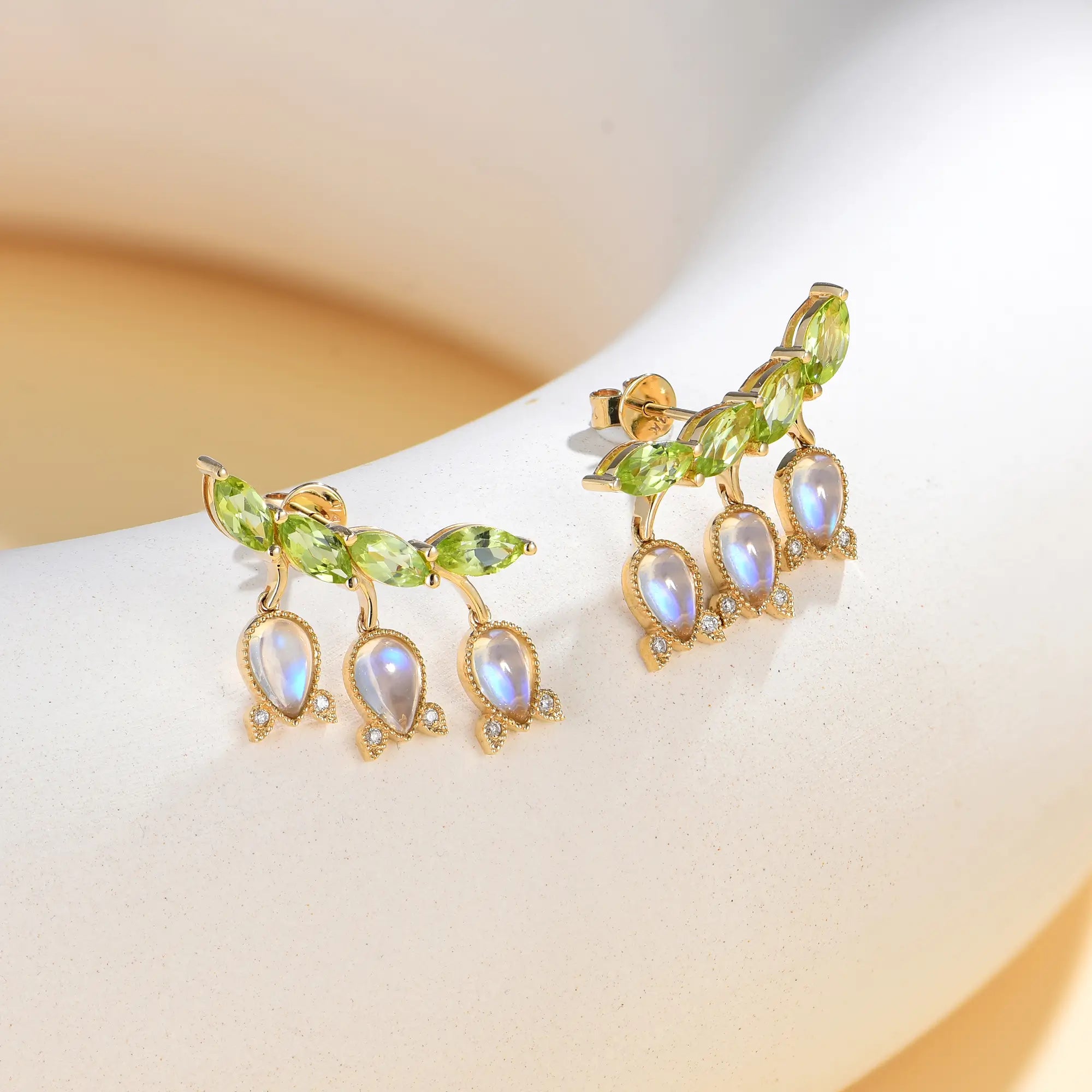 Lily of the Valley Natural Moonstone Peridot Diamond Earrings 14k yellow gold