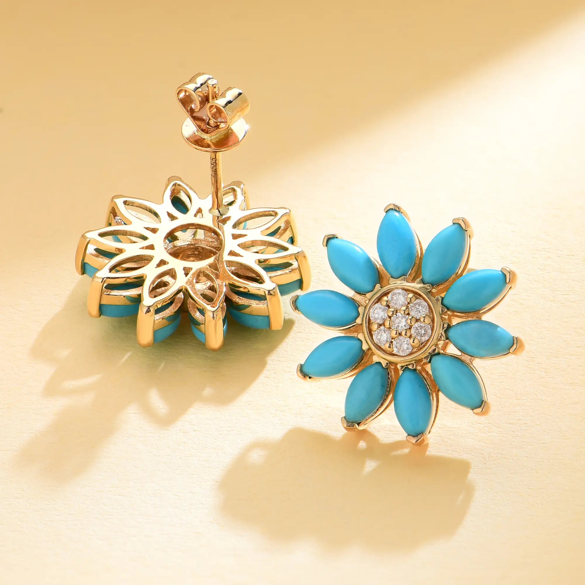 Sunflower Natural Turquoise Diamond Earrings 14k yellow gold