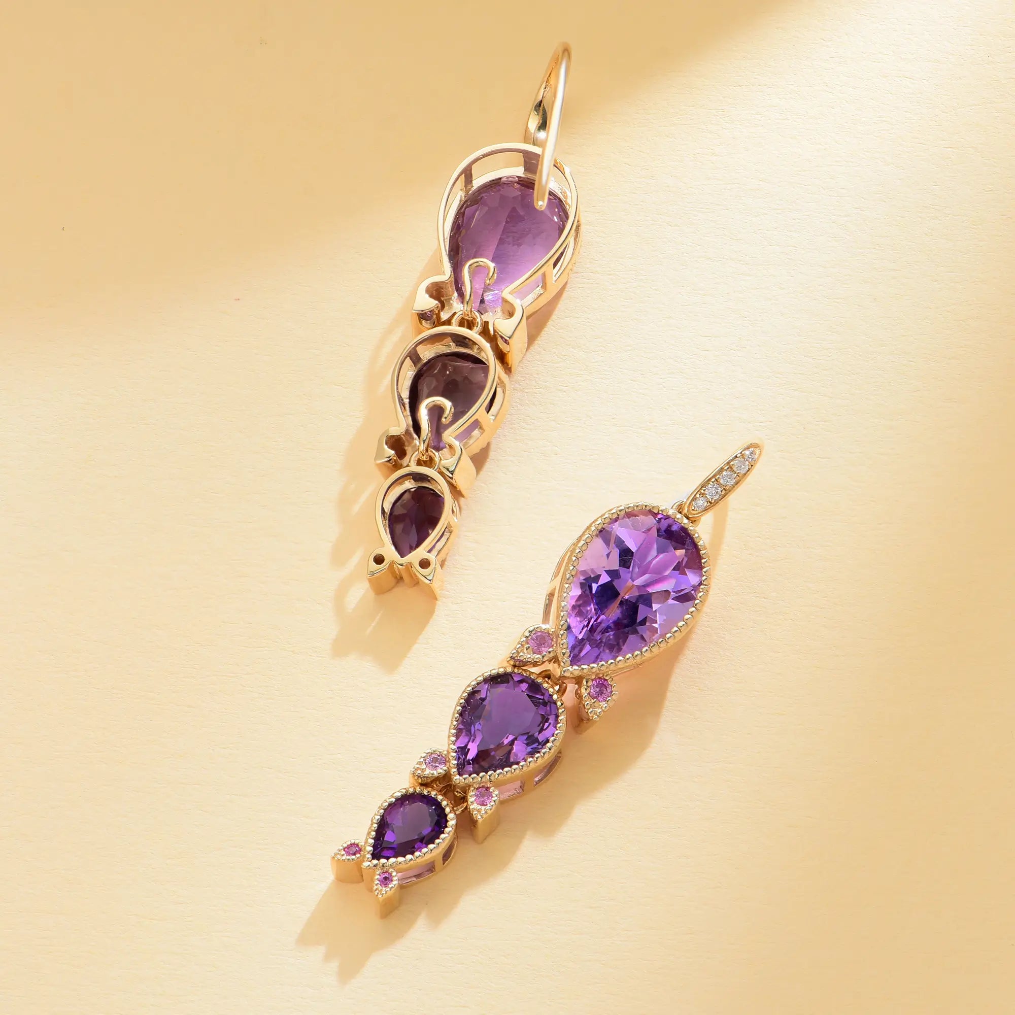 Lily of the Valley Natural Purple Amethyst, Pink Sapphire & Diamond Drop Earrings 14k yellow gold