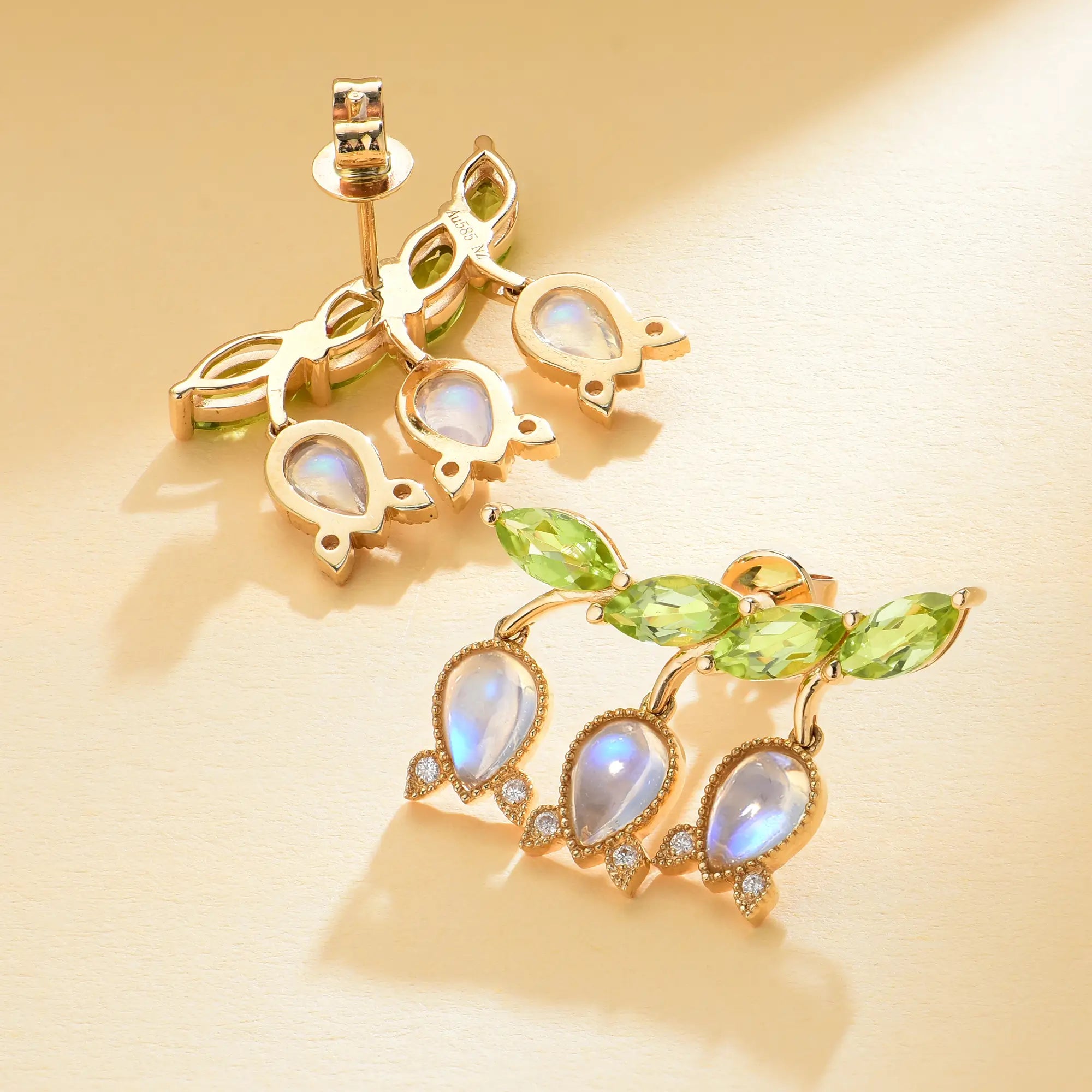 Lily of the Valley Natural Moonstone Peridot Diamond Earrings 14k yellow gold