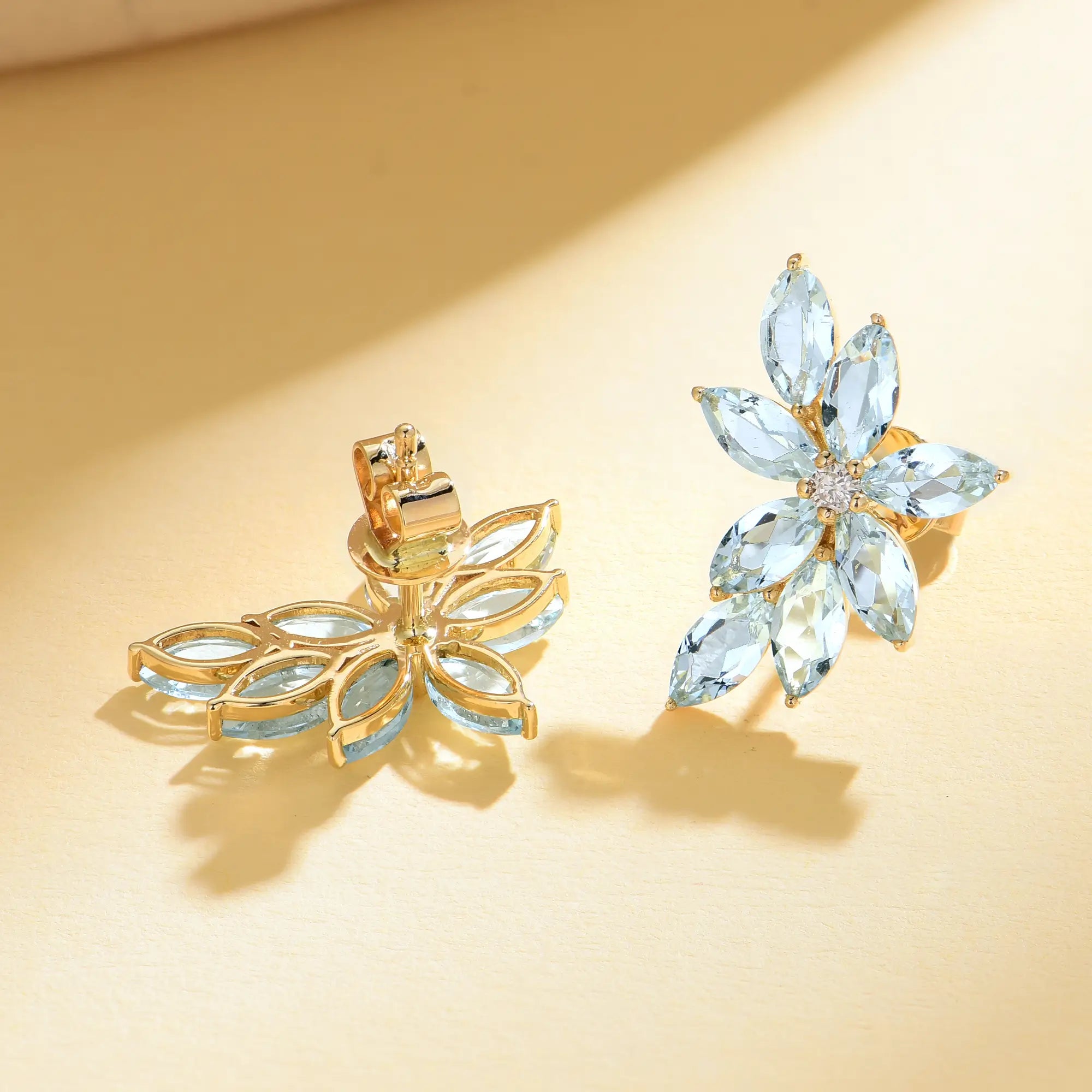natural Aquamarine Diamond Cluster Earrings 14k yellow gold