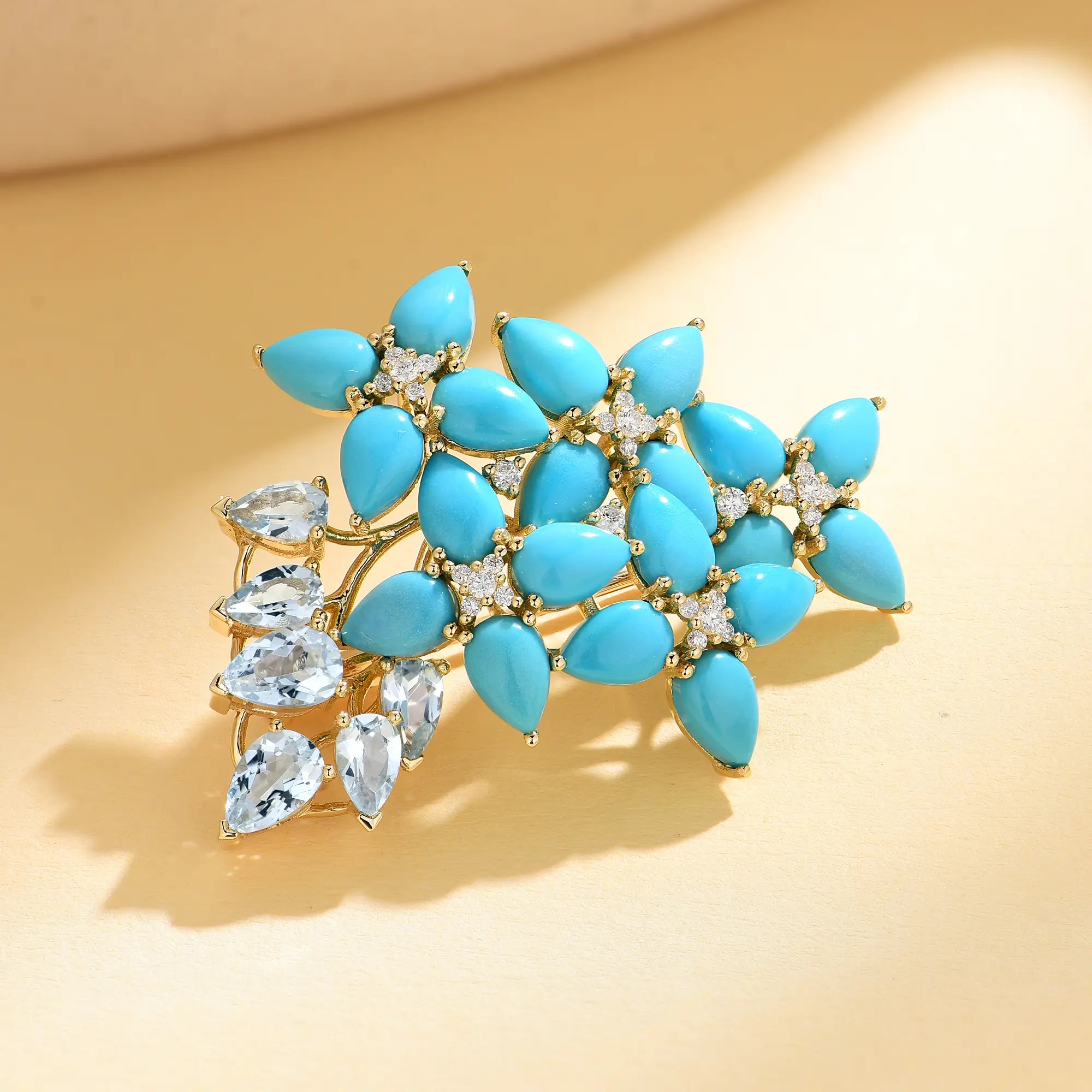 Hydrangea Blossom natural Turquoise Aquamarine Diamond Convertible Brooch/Pendant 14k yellow gold