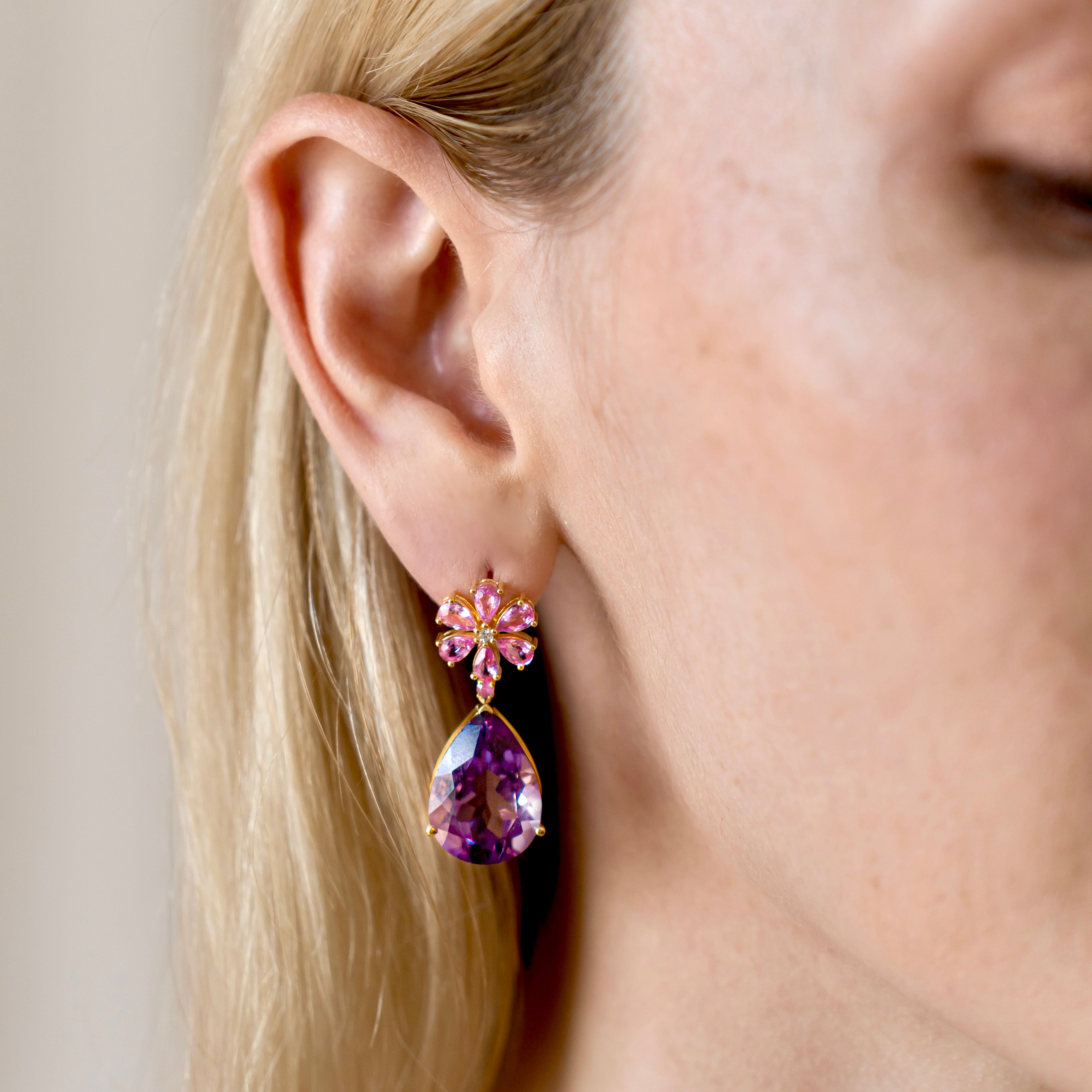 Natural Pink Sapphire Diamond Blossom Amethyst Drop Earrings 14k yellow gold