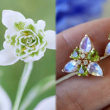 Moonstone Peridot Diamond Snowdrop Flower Earrings Birth Flower in 14k Yellow Gold