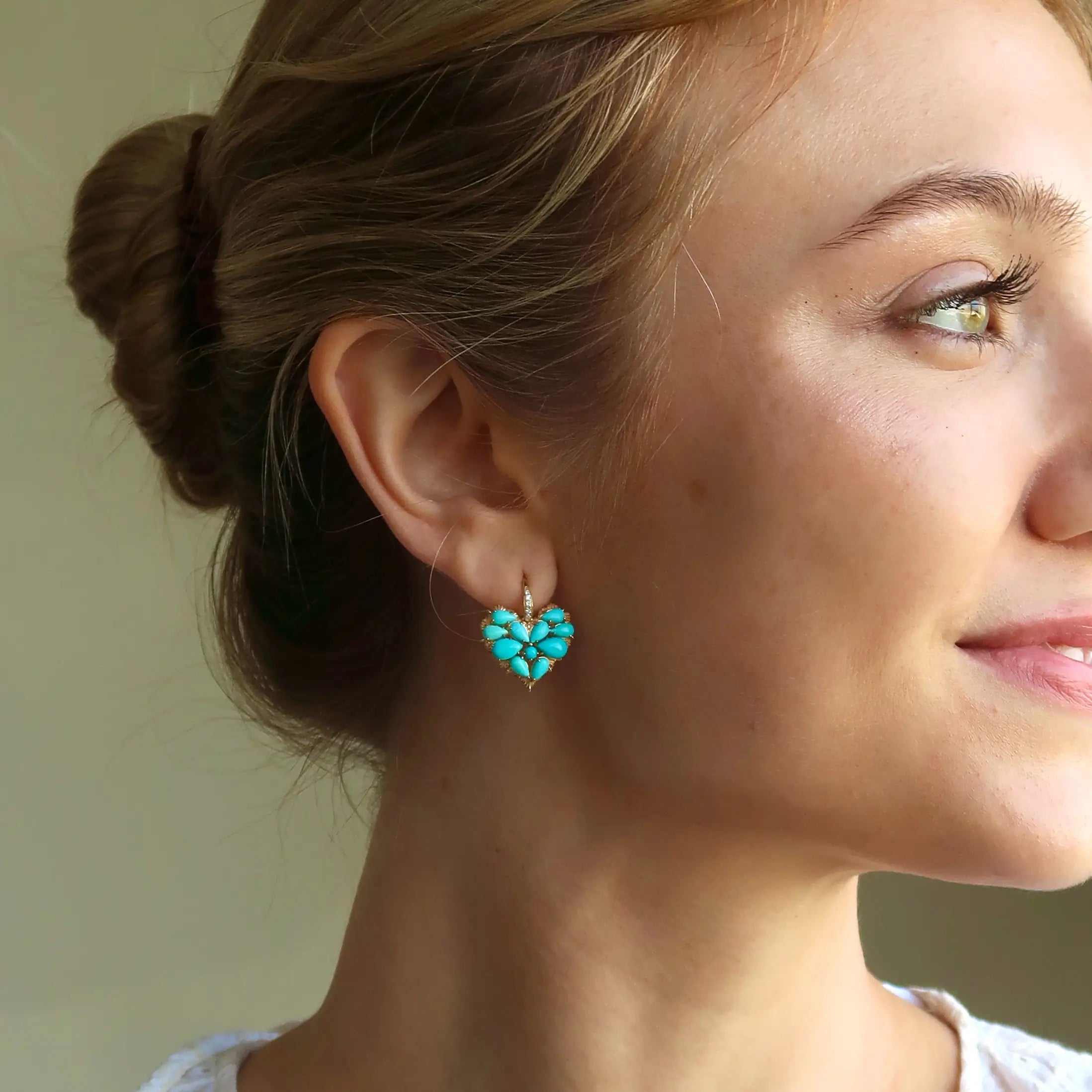 Fantasy Heart Natural Turquoise Diamond Drop Earrings 14k Yellow gold