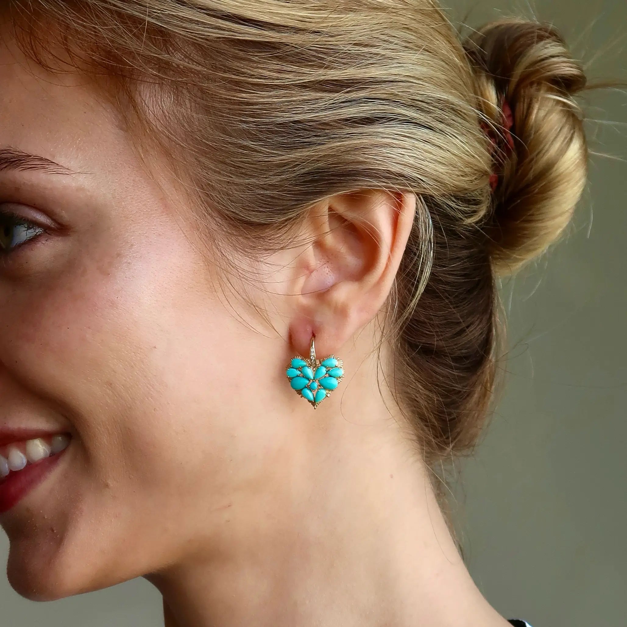 Fantasy Heart Natural Turquoise Diamond Drop Earrings 14k Yellow gold