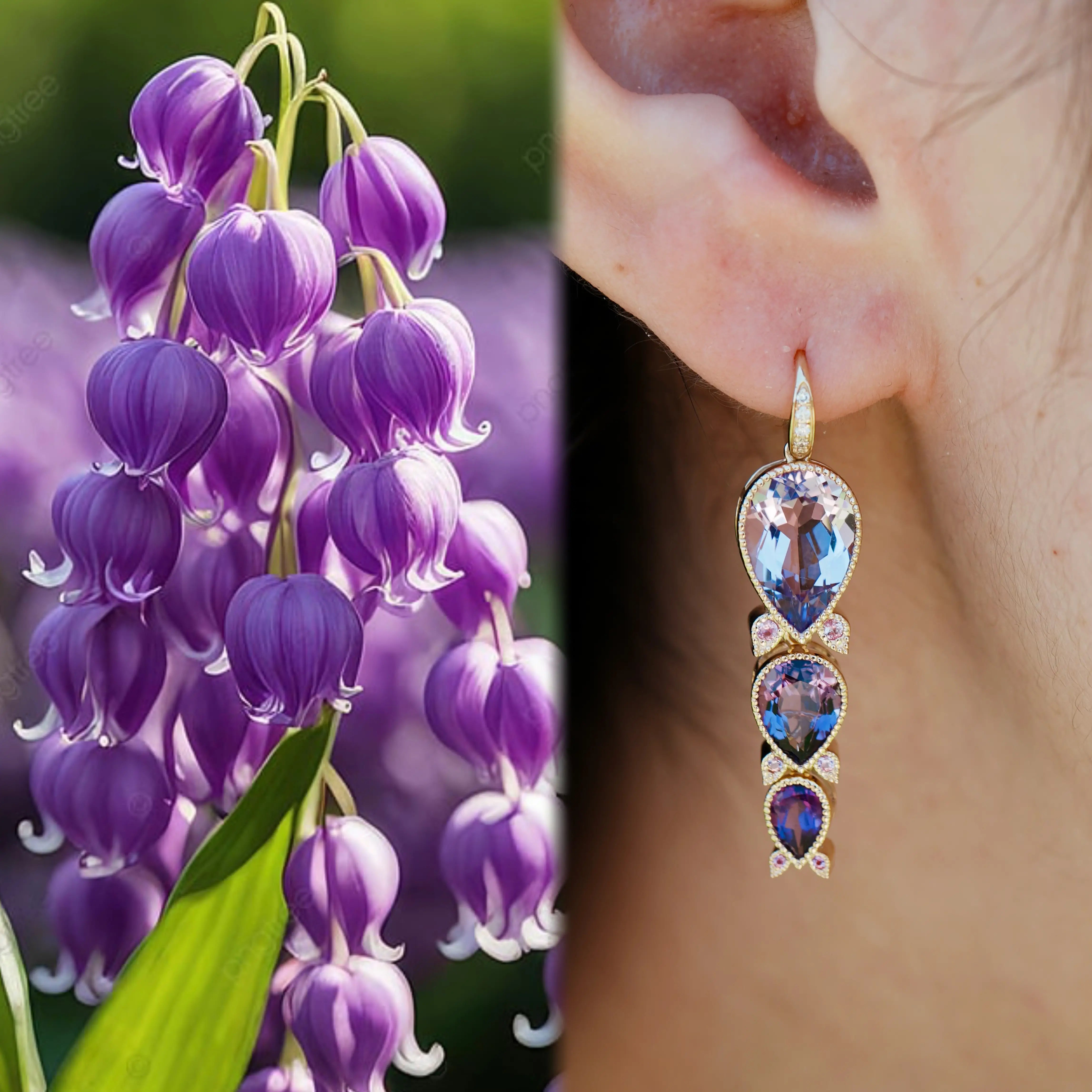 Lily of the Valley Natural Purple Amethyst, Pink Sapphire & Diamond Drop Earrings 14k yellow gold