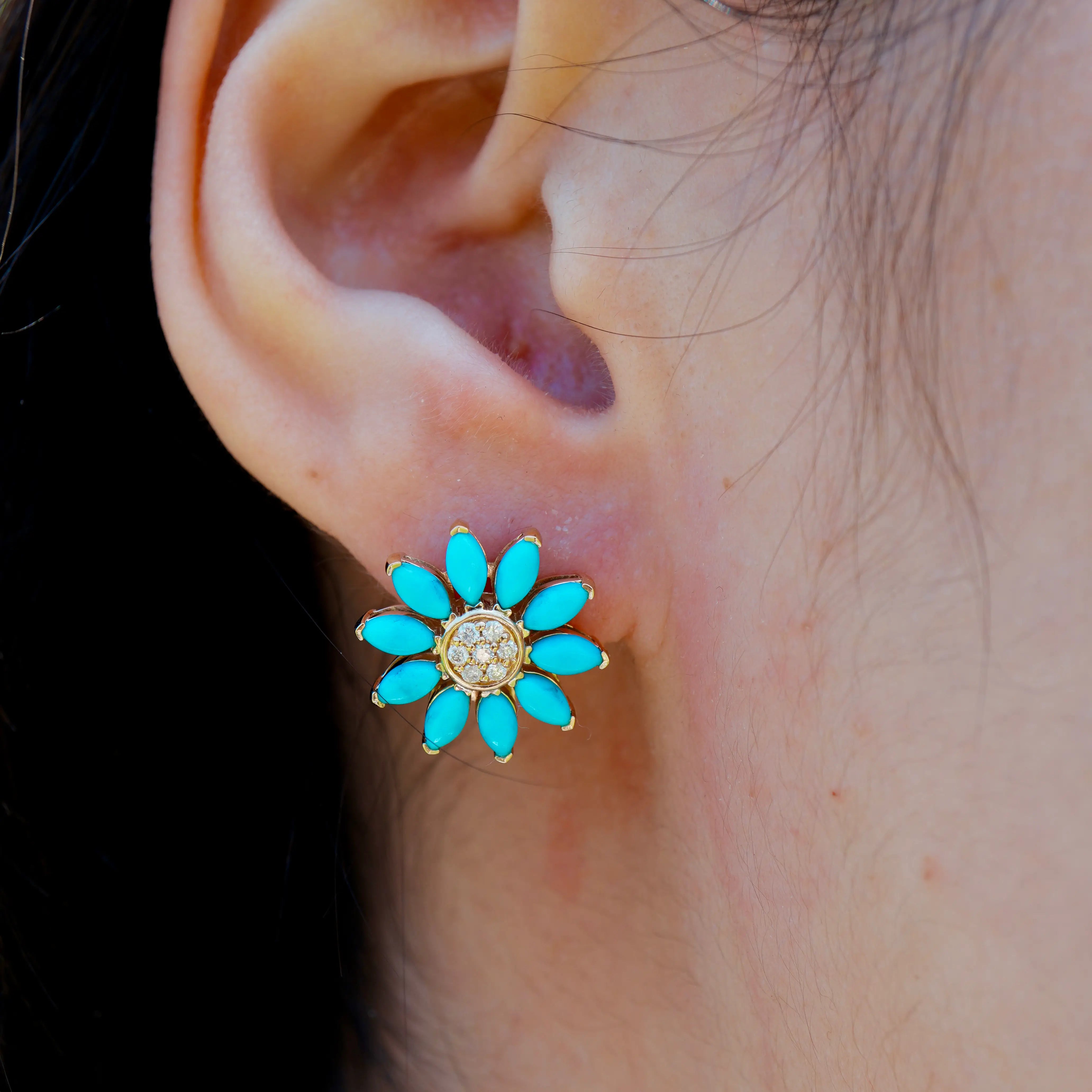 Sunflower Natural Turquoise Diamond Earrings 14k yellow gold