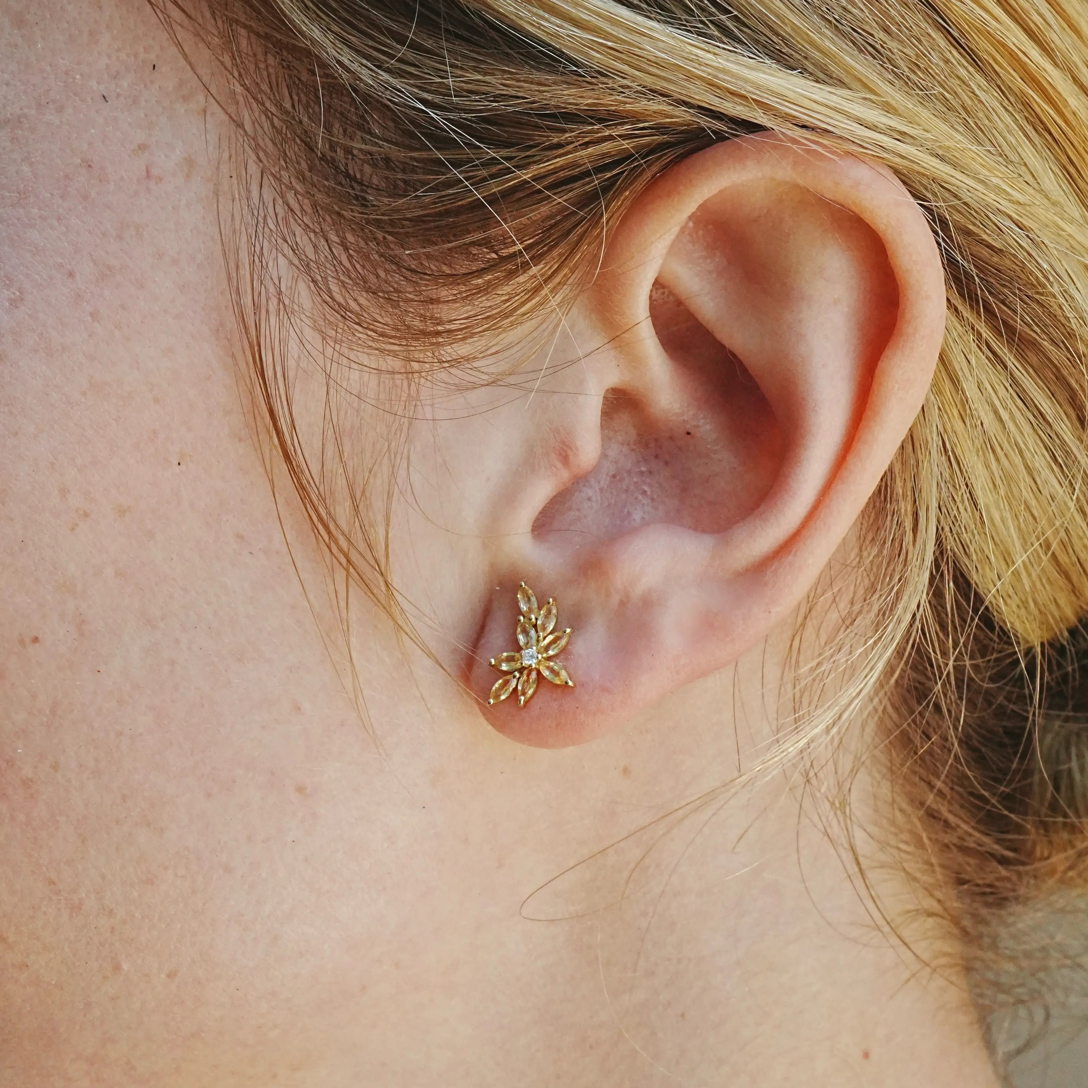 natural Yellow Sapphire Diamond Small Cluster Earrings 14k yellow gold