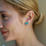 Natural Turquoise Diamond Cluster Earrings 14k yellow gold