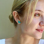 Natural Turquoise Diamond Cluster Earrings 14k yellow gold