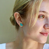 Natural Turquoise Diamond Cluster Earrings 14k yellow gold