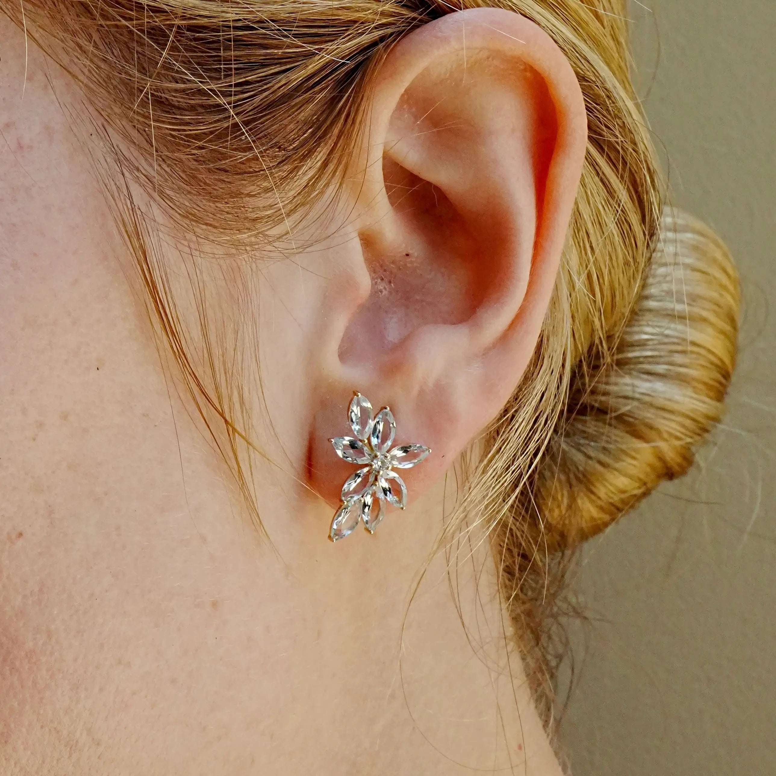 natural Aquamarine Diamond Cluster Earrings 14k yellow gold