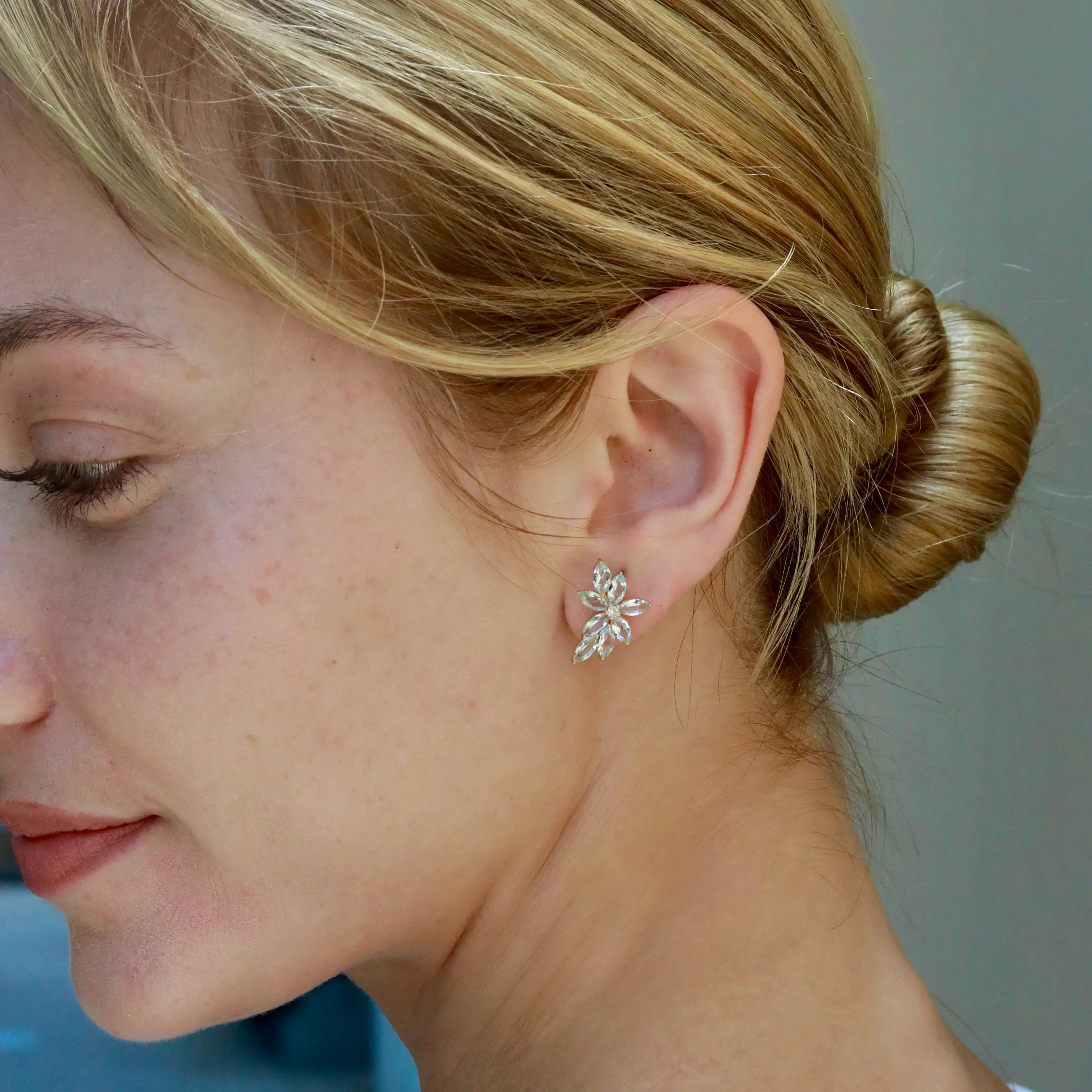 natural Aquamarine Diamond Cluster Earrings 14k yellow gold