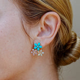 Natural Turquoise Moonstone Opal Diamond Flower Blossom Earrings 14K yellow gold