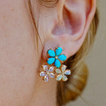Natural Turquoise Moonstone Opal Diamond Flower Blossom Earrings 14K yellow gold