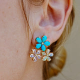 Natural Turquoise Moonstone Opal Diamond Flower Blossom Earrings 14K yellow gold