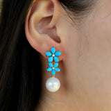 Turquoise Diamond Double Blossom Pearl Convertible Drop Earrings