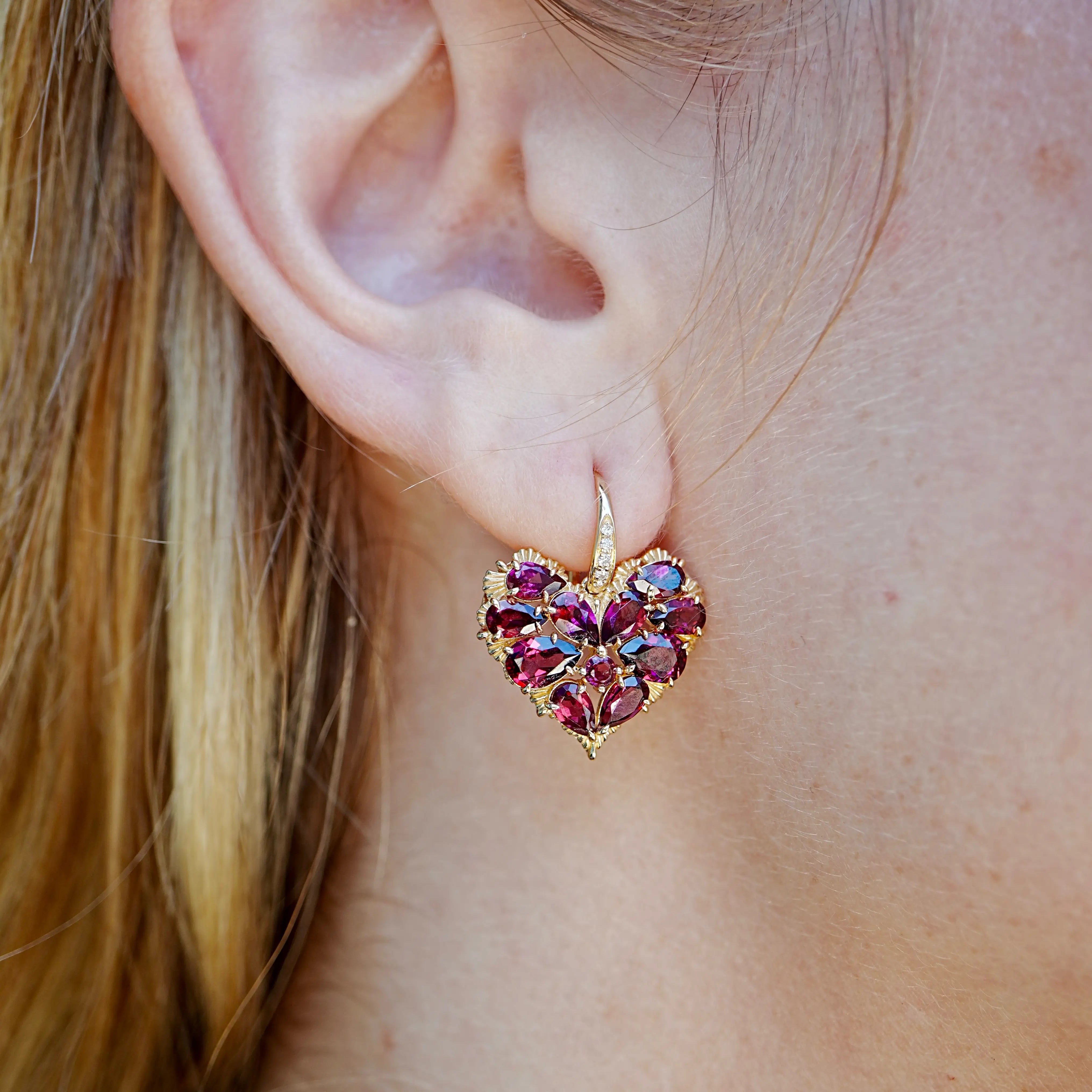 Fantasy Natural Heart Rhodolite Diamond Drop Earrings 14k yellow gold
