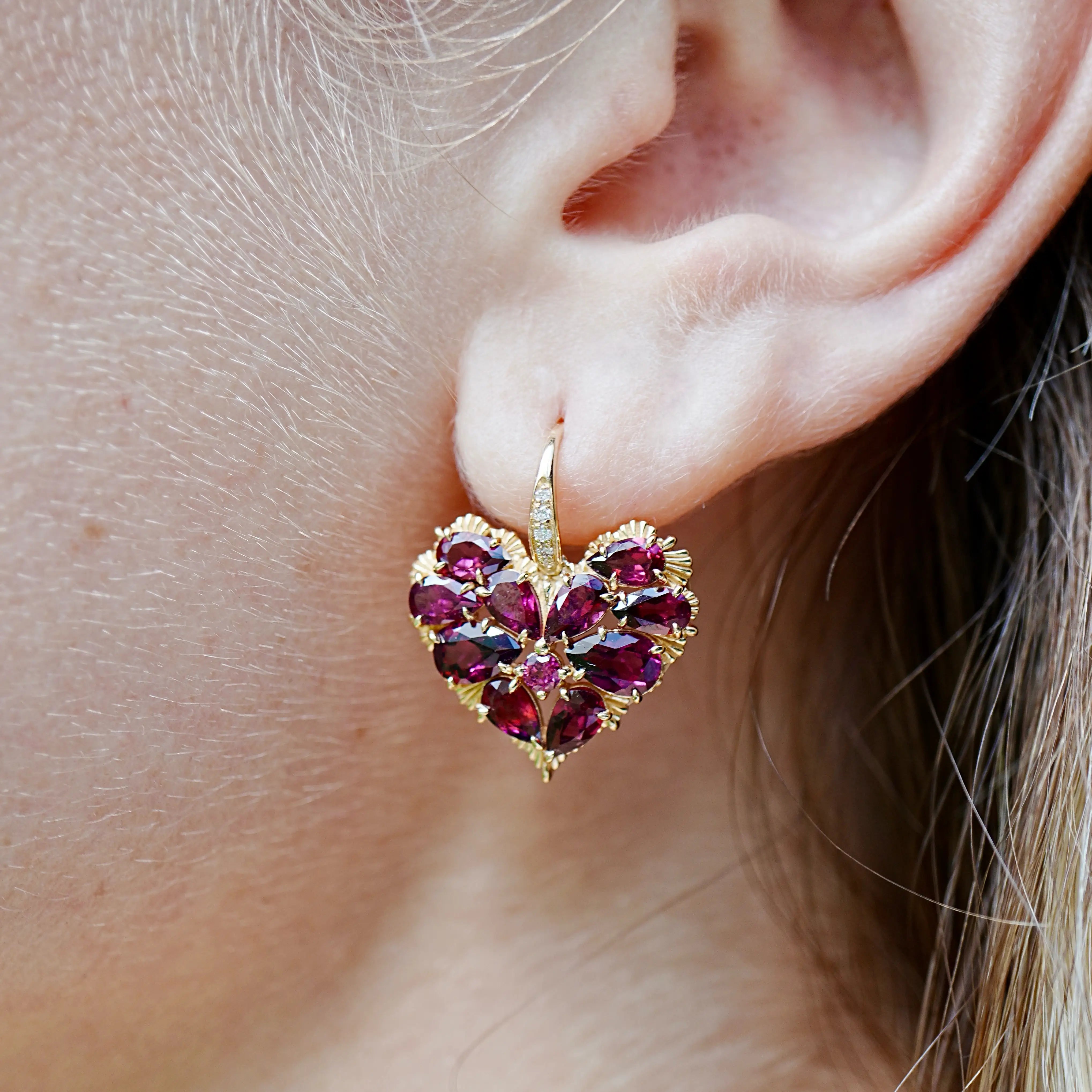 Fantasy Natural Heart Rhodolite Diamond Drop Earrings 14k yellow gold