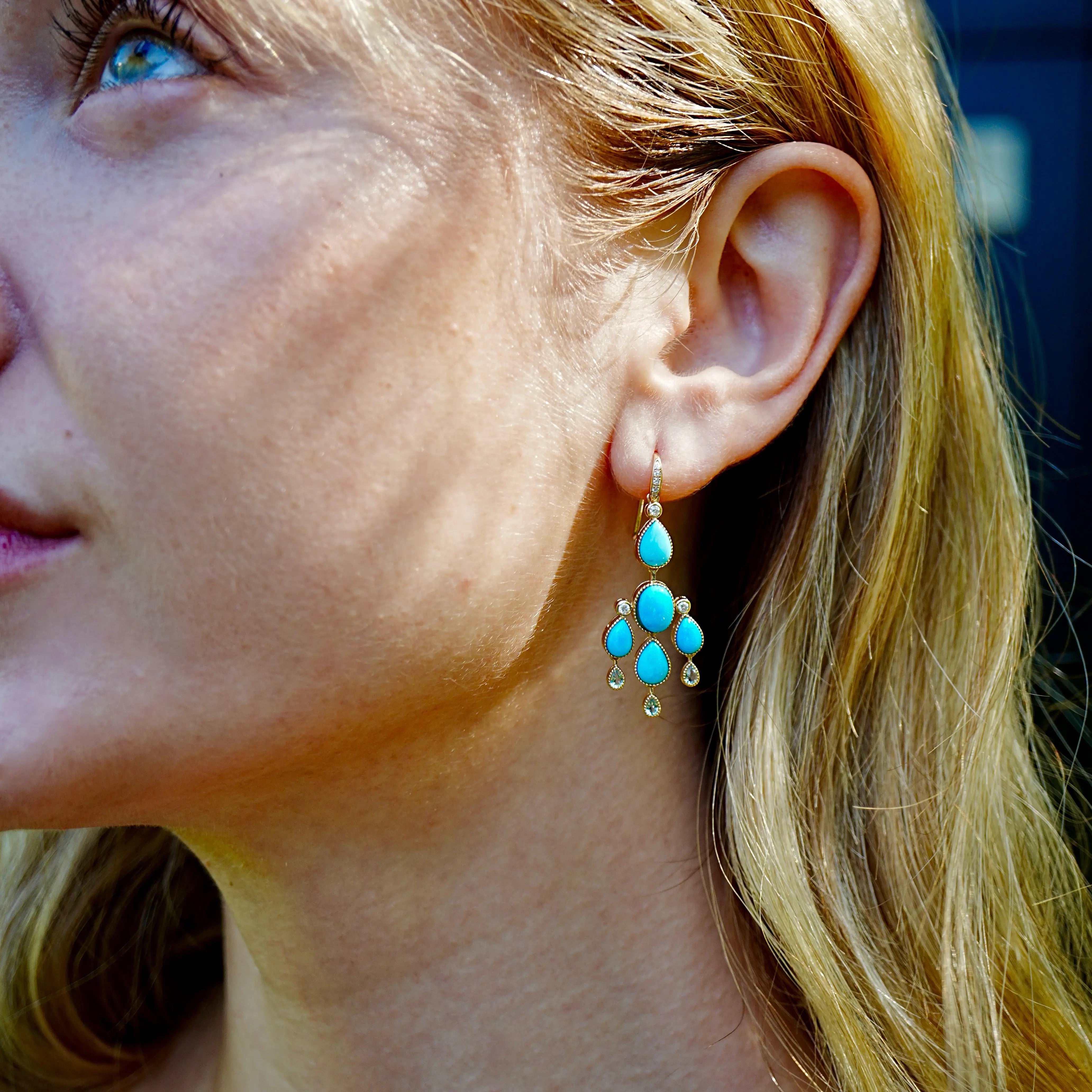 Natural Turquoise Aquamarine Diamond Chandelier Drop Earrings 14k yellow gold