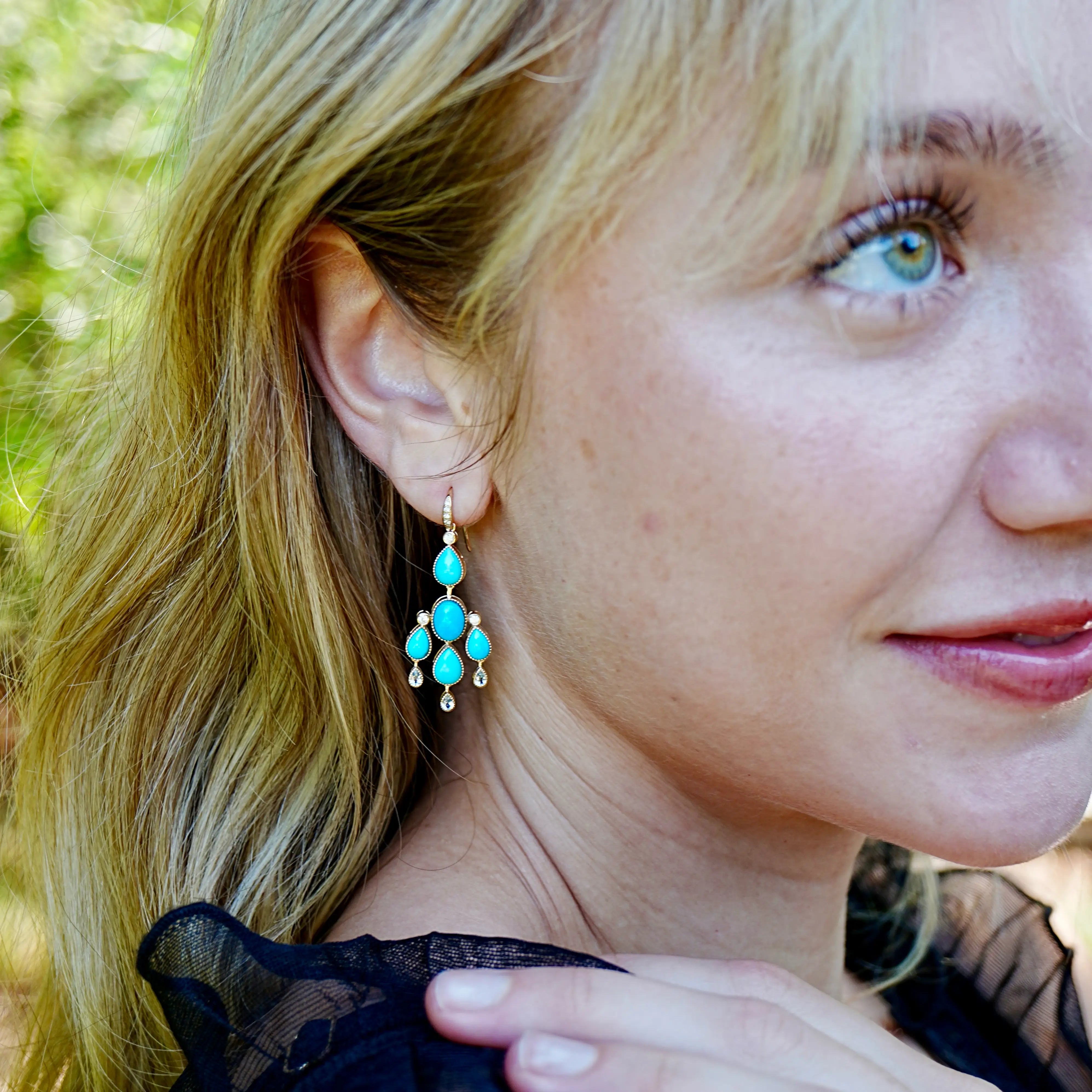 Natural Turquoise Aquamarine Diamond Chandelier Drop Earrings 14k yellow gold