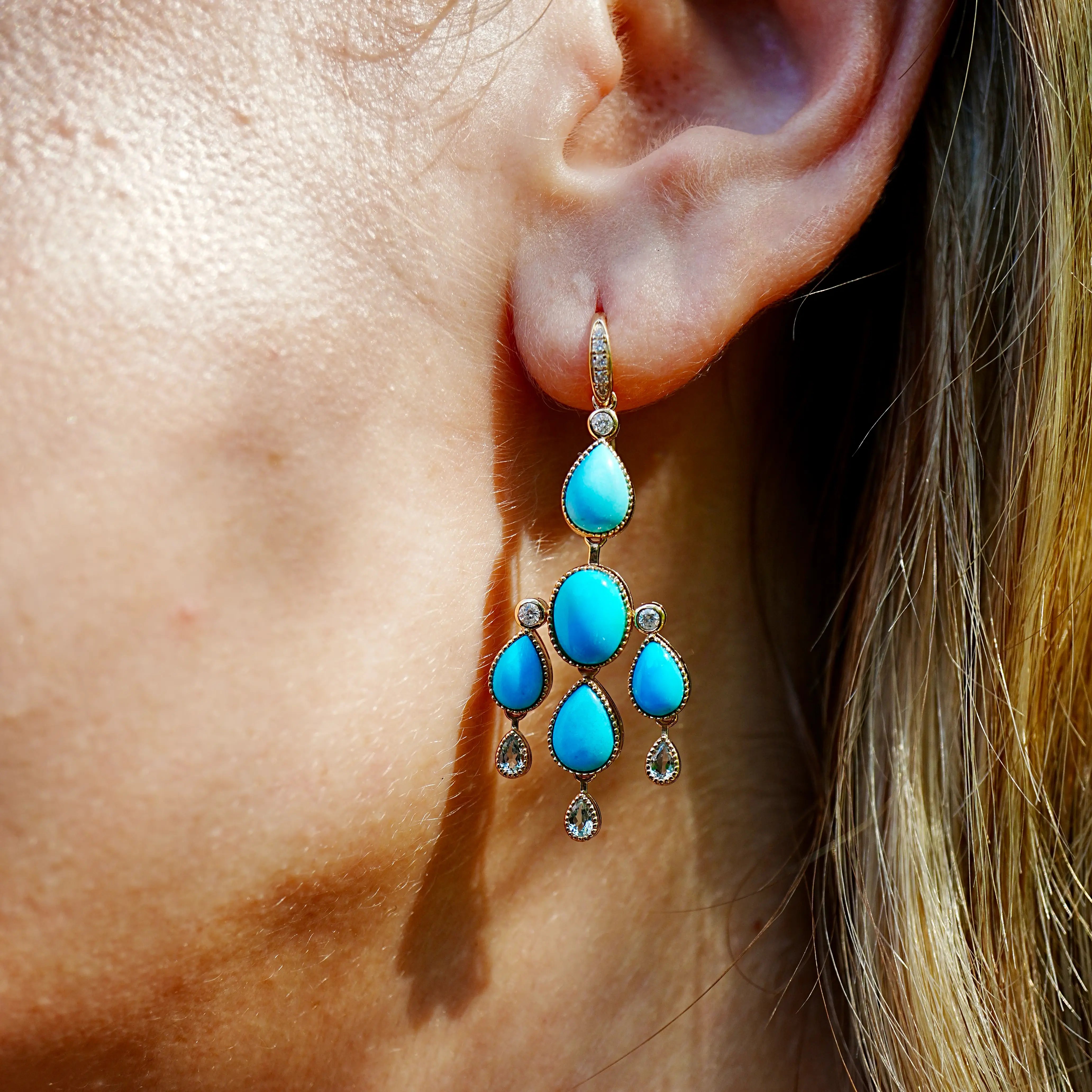 Natural Turquoise Aquamarine Diamond Chandelier Drop Earrings 14k yellow gold