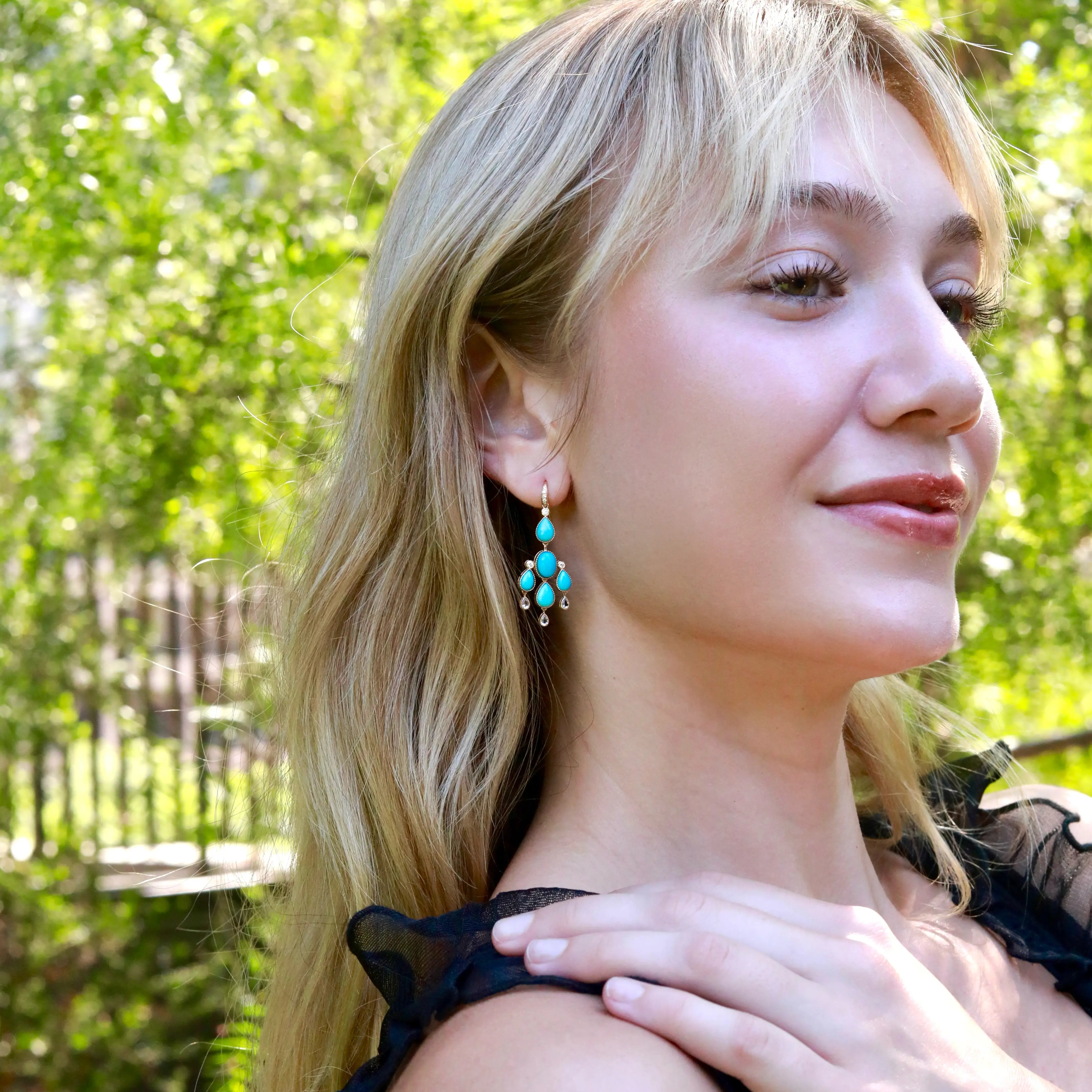 Natural Turquoise Aquamarine Diamond Chandelier Drop Earrings 14k yellow gold