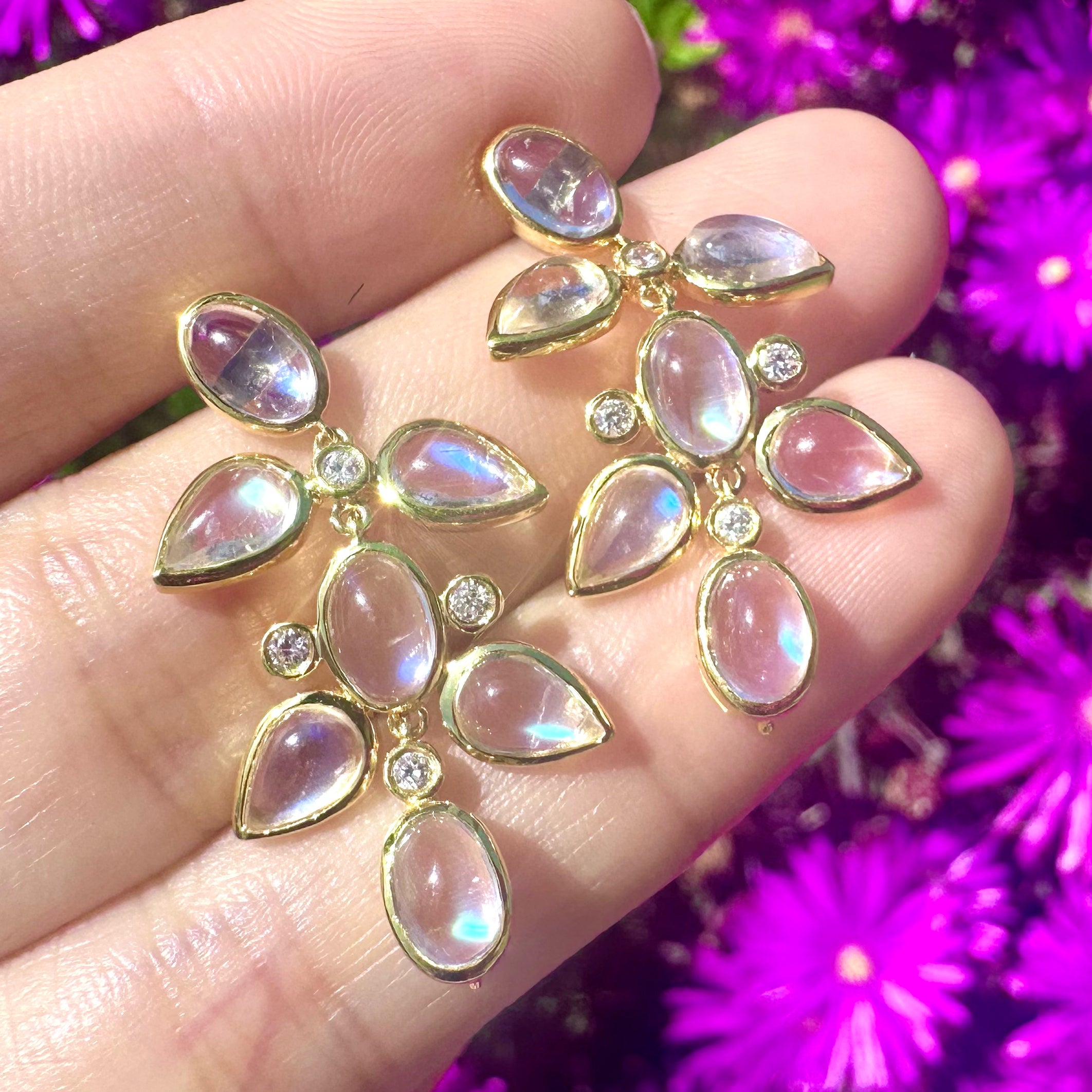 14k yellow gold natural Rainbow Moonstone Diamond Chandelier Drop Earrings