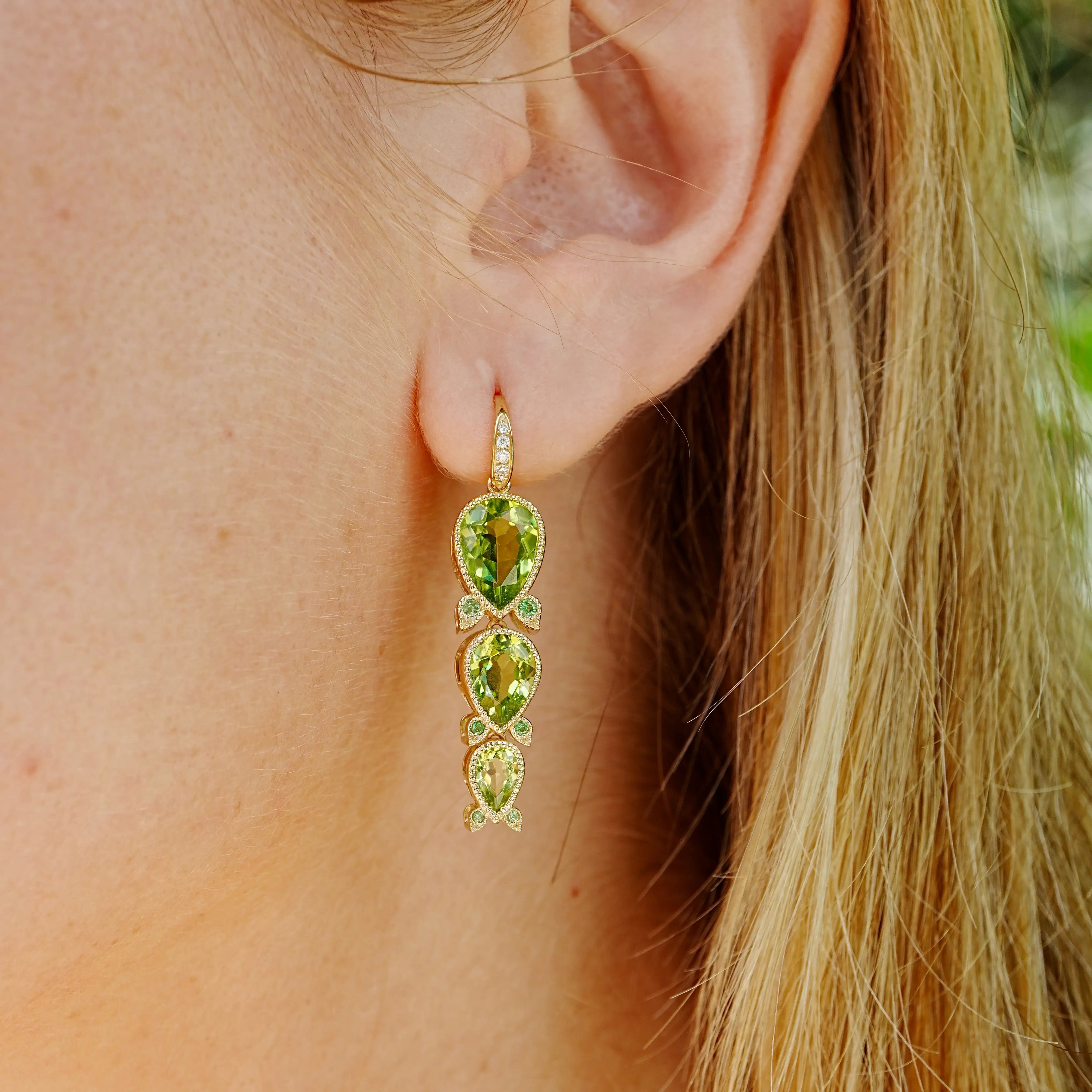 Lily of the Valley Natural Peridot Tsavorite Diamond Drop Earrings.14k yellow gold