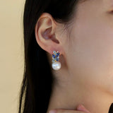 Elizabeth Sapphire, Aquamarine and Diamond Cluster Pearl Convertible Drop Earrings