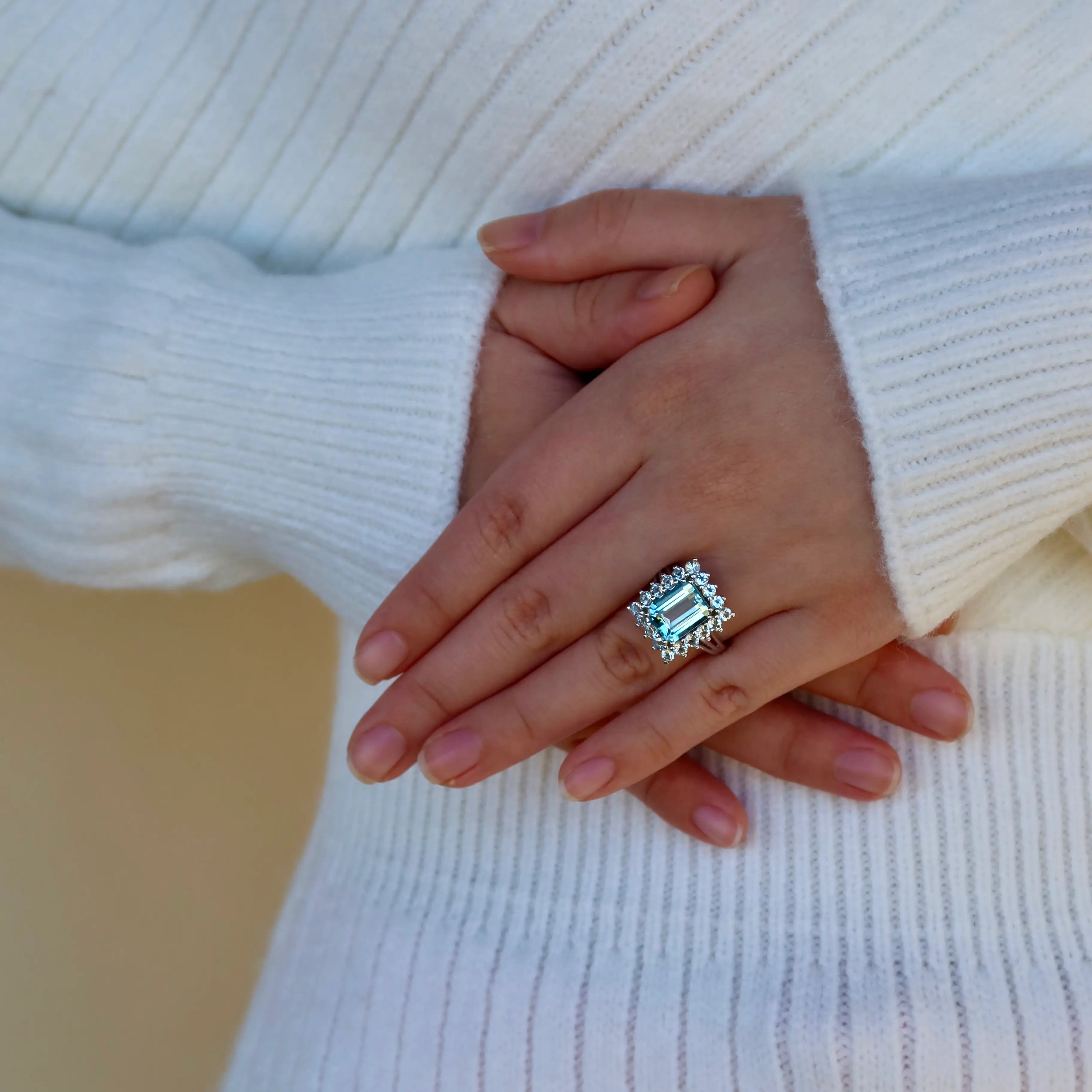 fine jewelry luxury ring gift 14k white gold aquamarine cocktail ring
