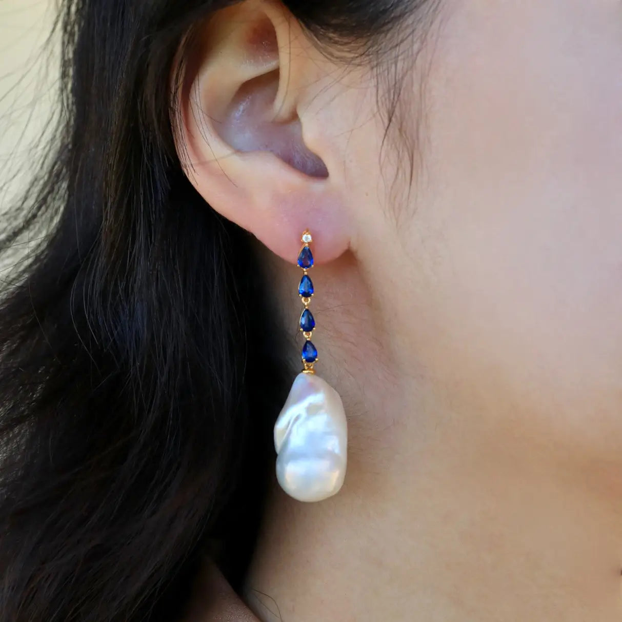 Natural Blue Sapphire Diamond and Baroque Pearl Drop Earrings 14k yellow gold