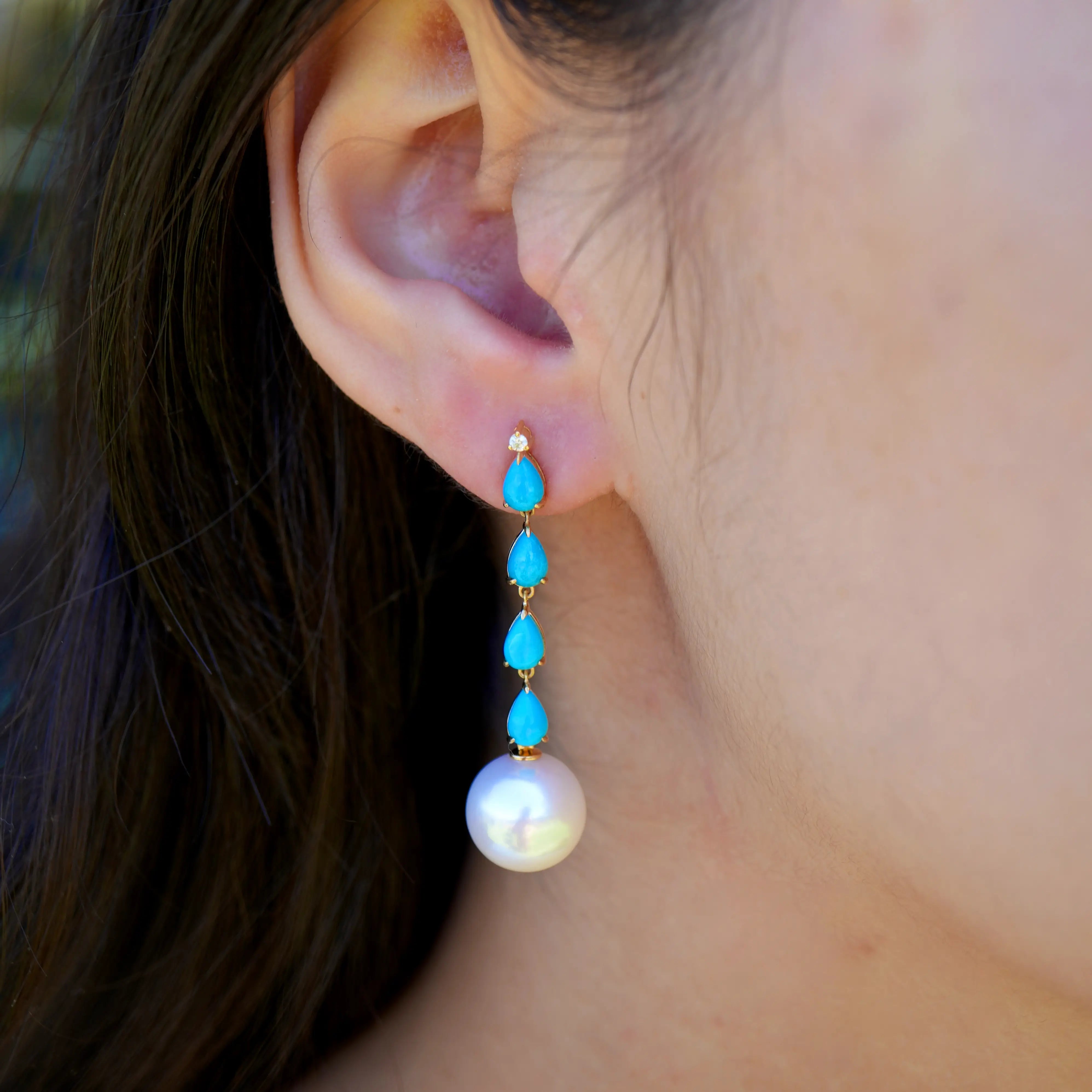 Rythm Turquoise Diamond and Pearl Drop Earrings 18k yellow gold