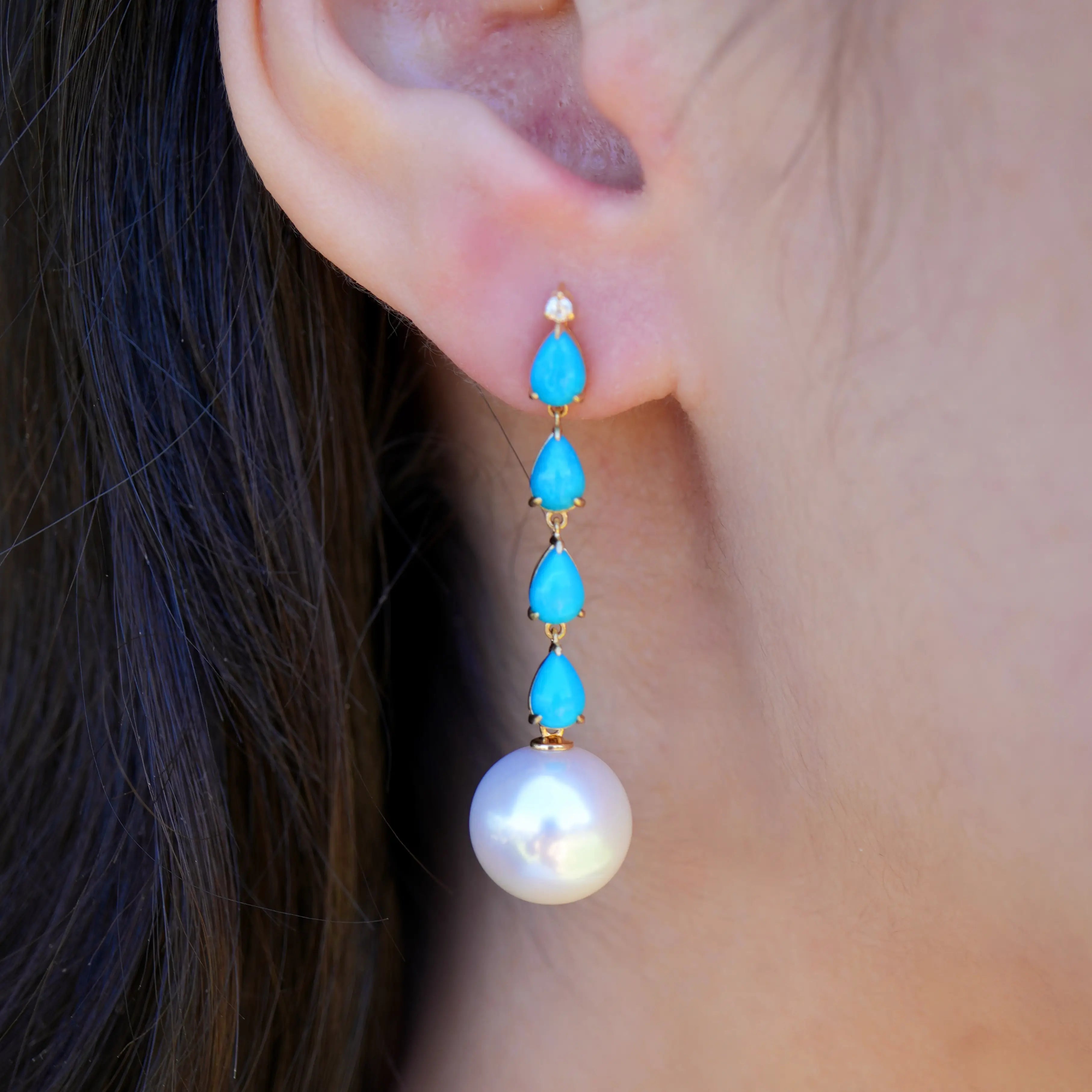 Rythm Turquoise Diamond and Pearl Drop Earrings 18k yellow gold