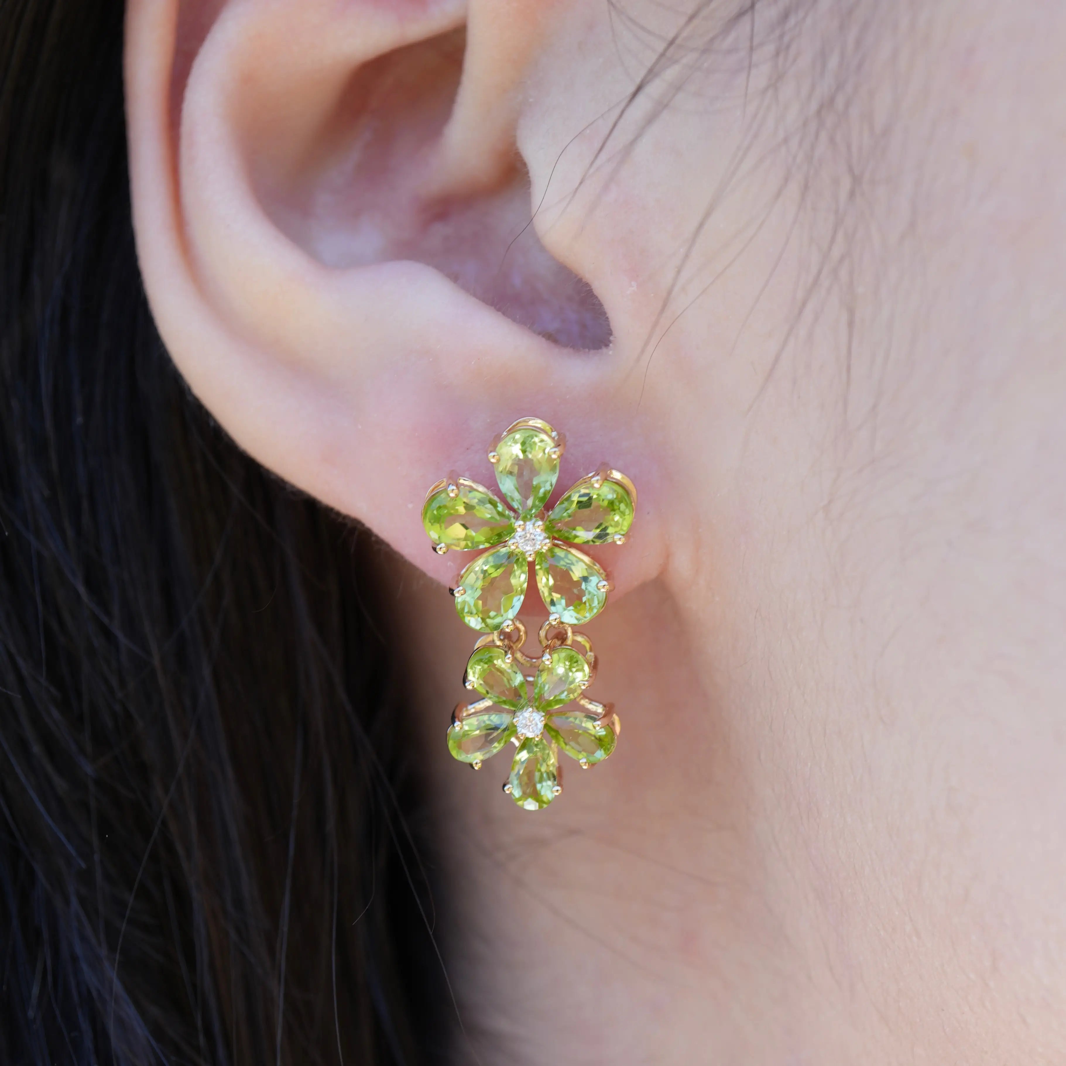 Peridot Diamond Double Blossom Drop Earrings 14k yellow gold